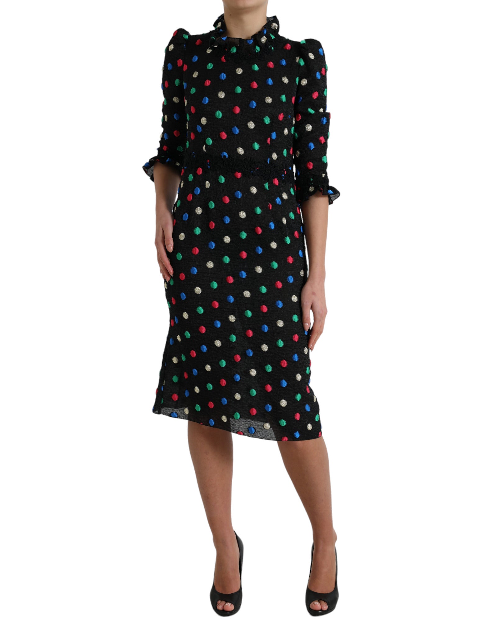Dolce & Gabbana Schwarzes gepunktetes Midikleid mit Rüschen aus Baumwolle-2