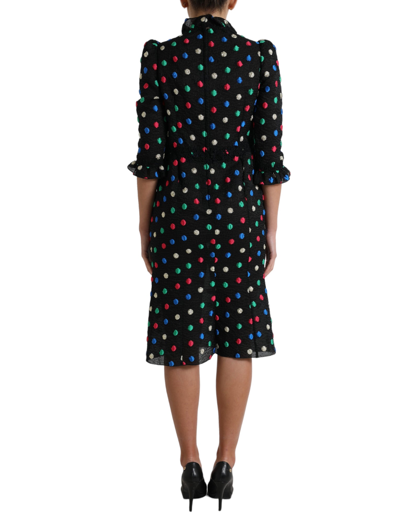 Dolce & Gabbana Schwarzes gepunktetes Midikleid mit Rüschen aus Baumwolle-3