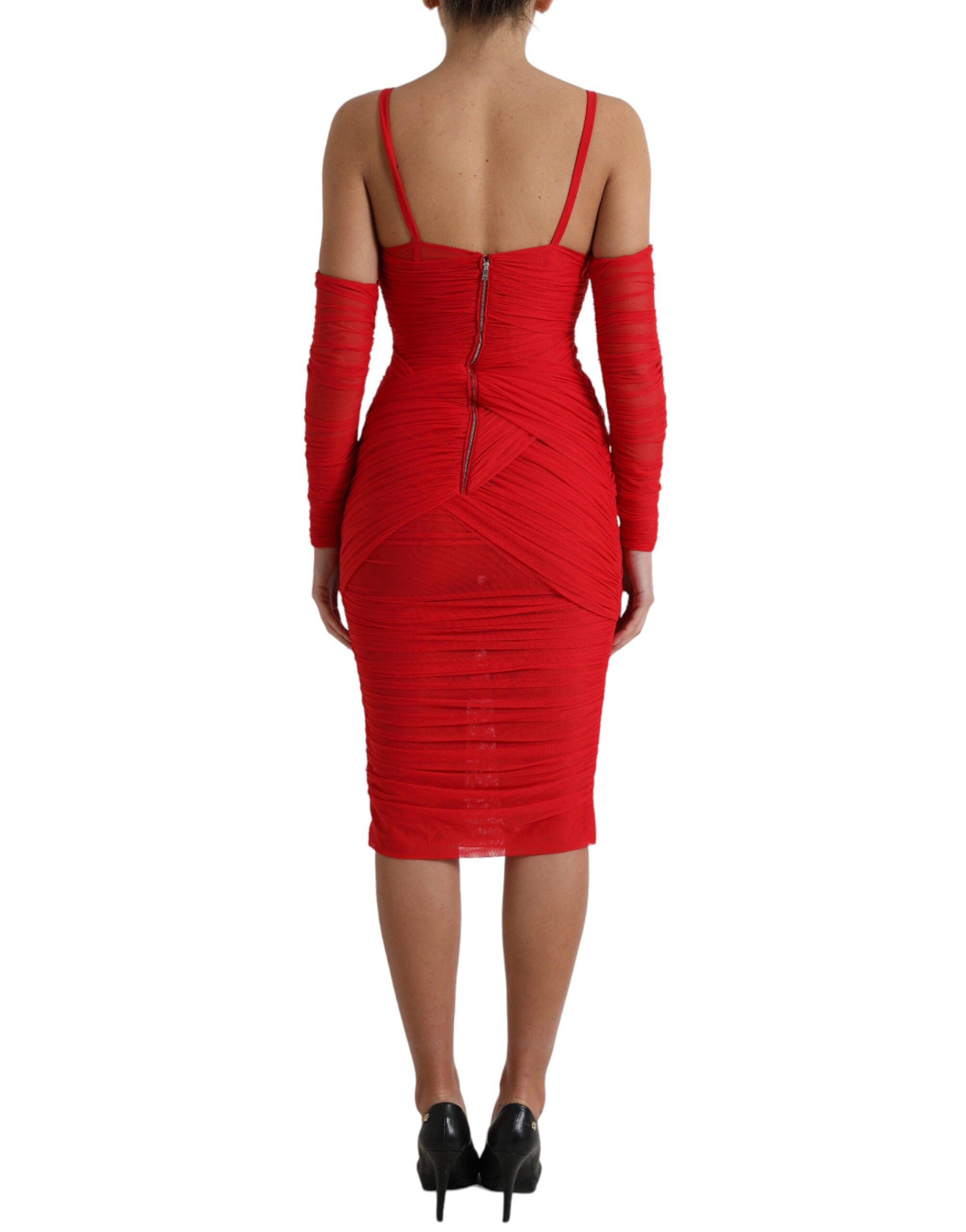 Dolce & Gabbana Rotes Nylon Stretch Midikleid mit Ausschnitt-3