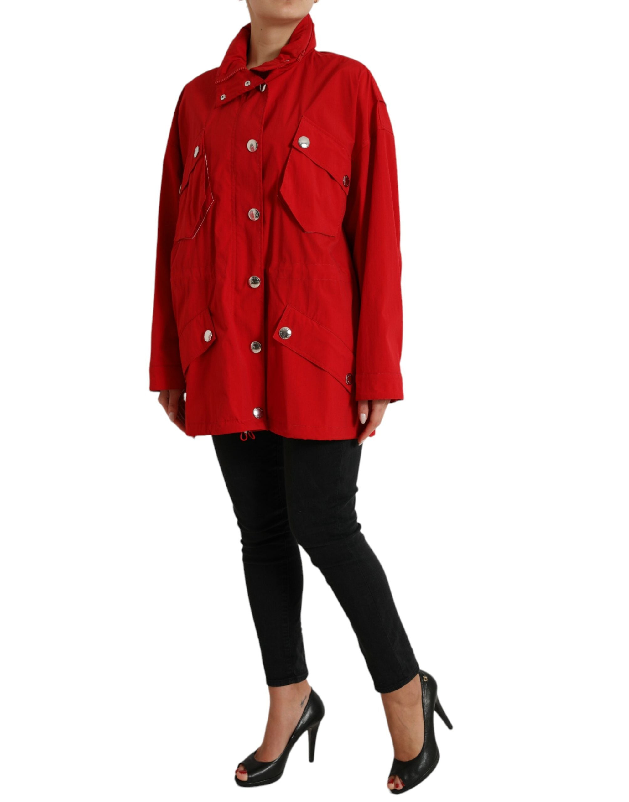 Dolce & Gabbana Red Polyester Raincoat with Hood and Button Placket-2