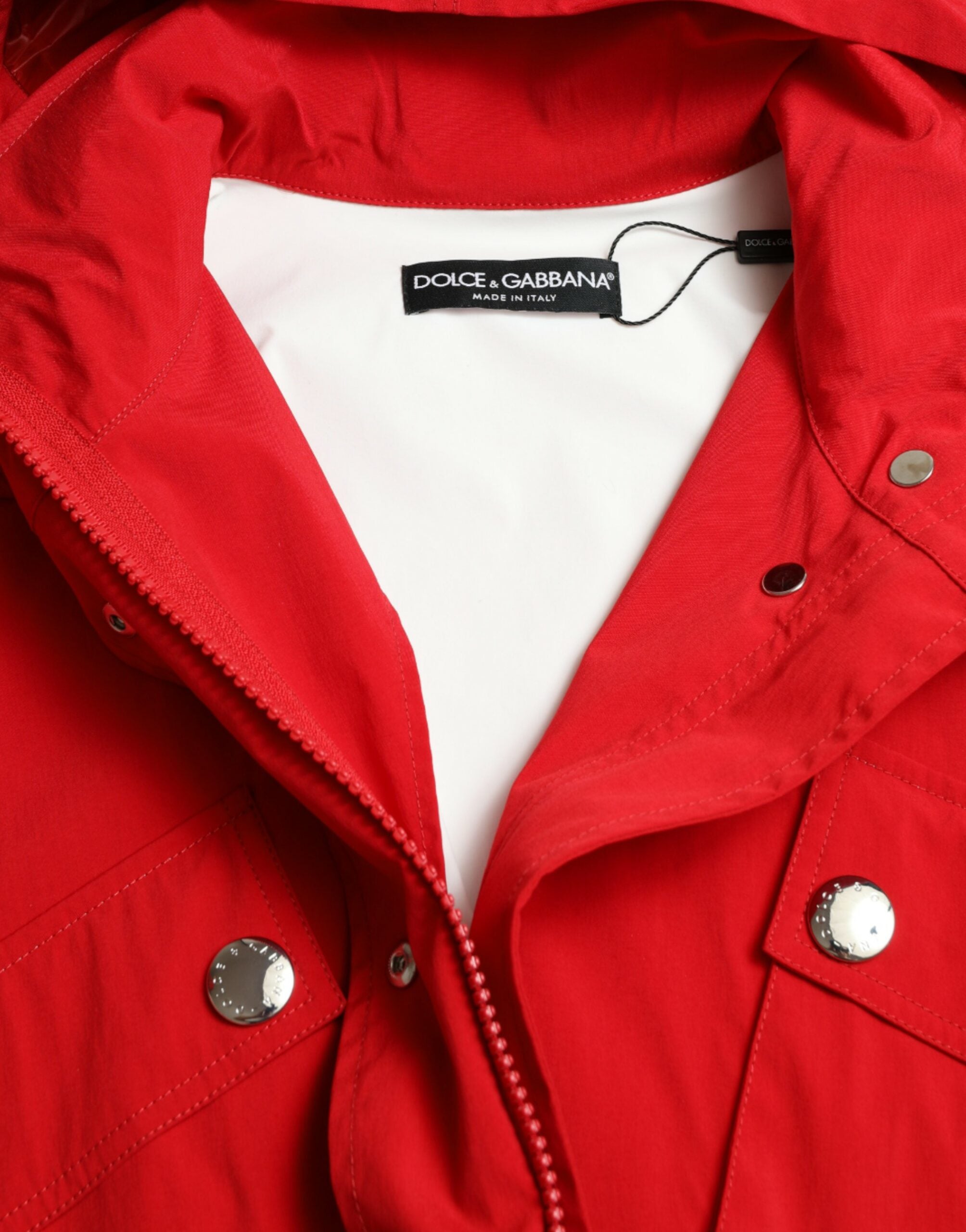 Dolce & Gabbana Red Polyester Raincoat with Hood and Button Placket-7