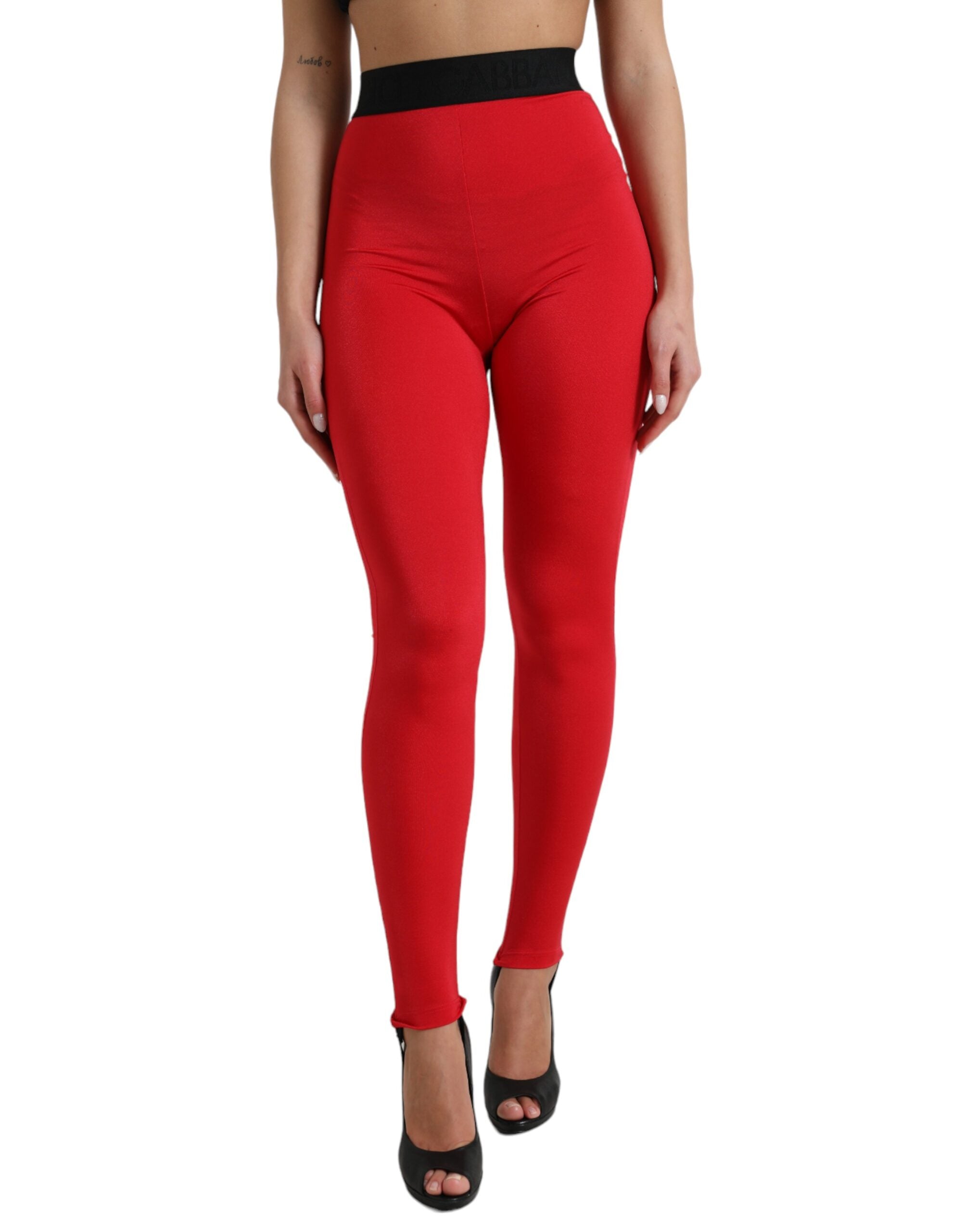 Dolce & Gabbana Red Nylon DG Logo Slim Leggings Pants-1