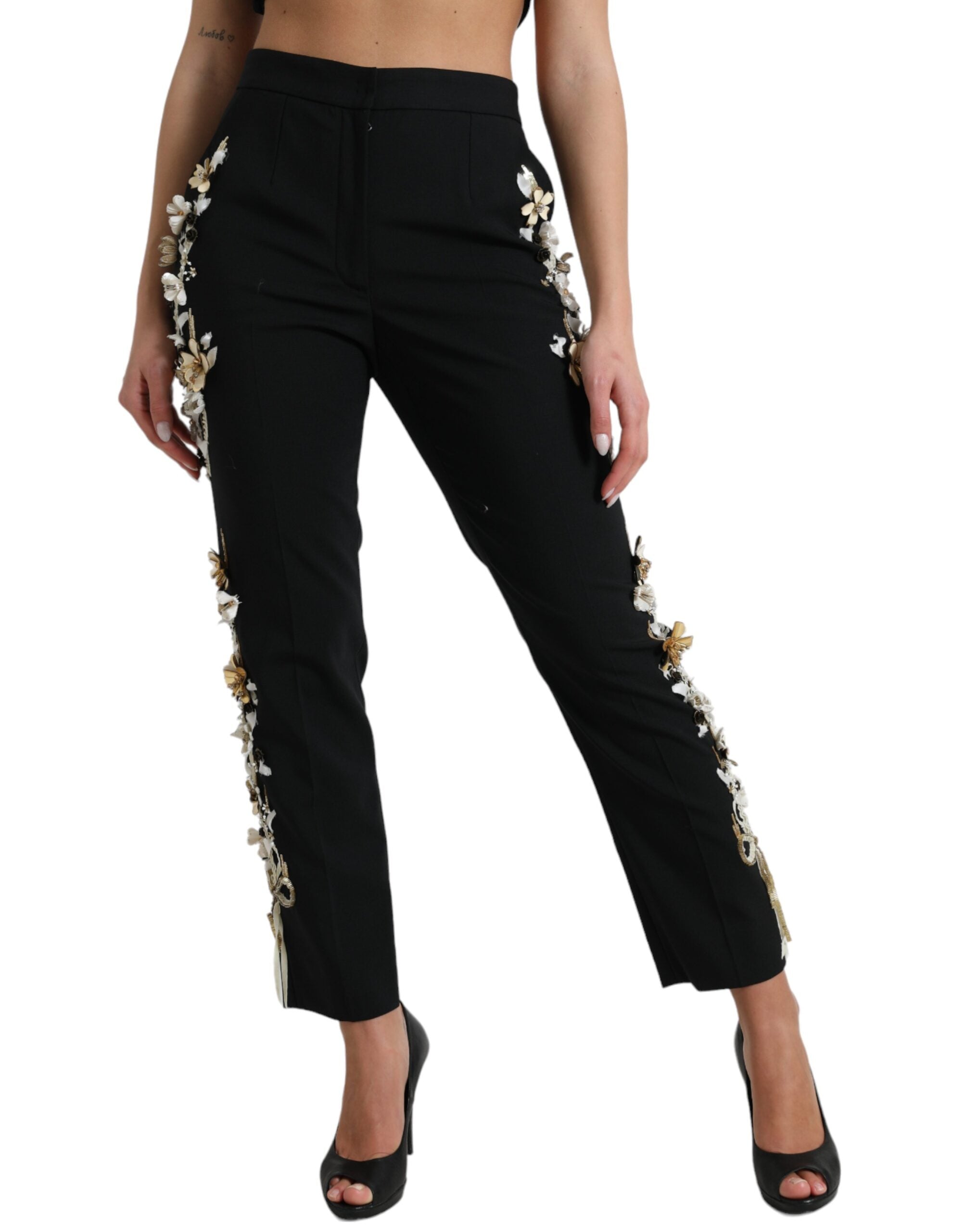 Dolce & Gabbana black trousers with floral appliqué and high waist, tapered-2