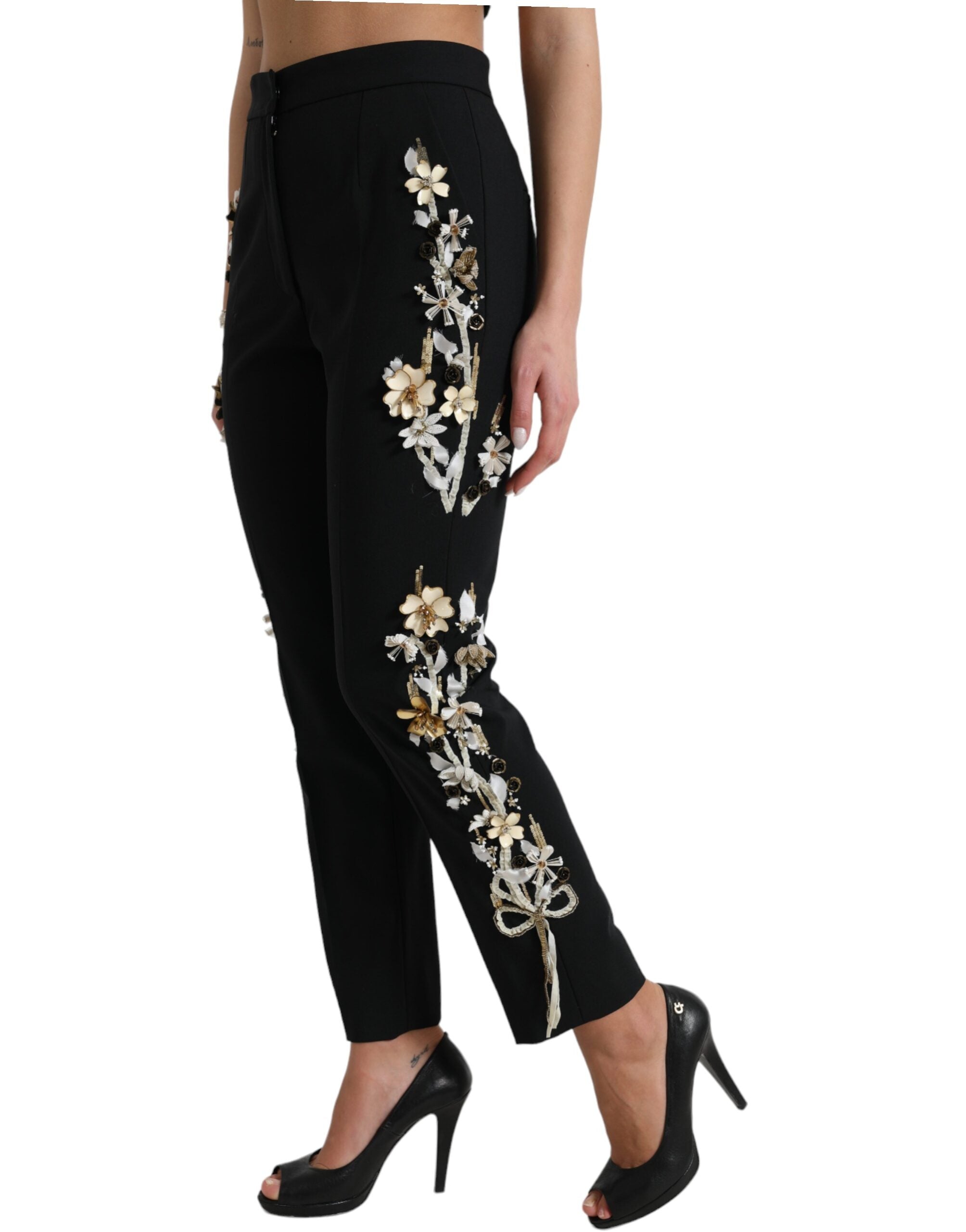 Dolce & Gabbana black trousers with floral appliqué and high waist, tapered