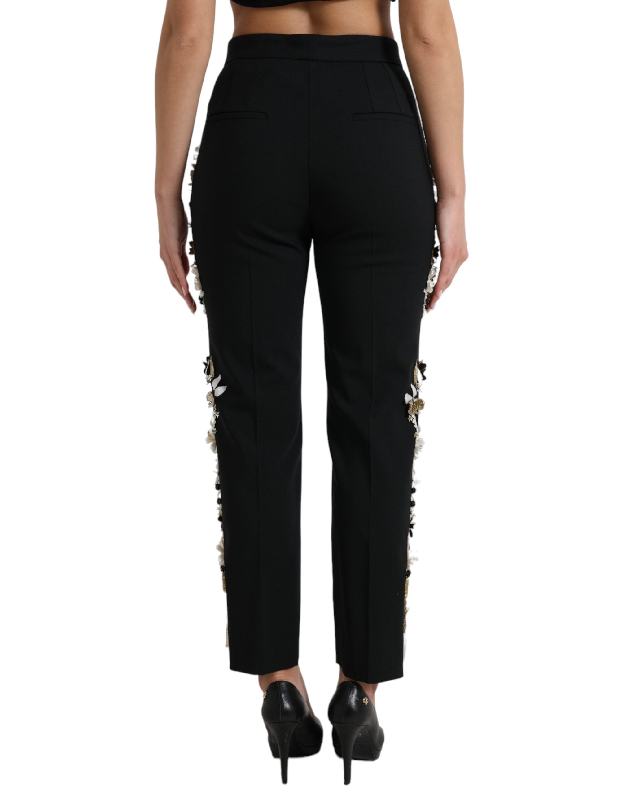 Dolce & Gabbana black trousers with floral appliqué and high waist, tapered-3