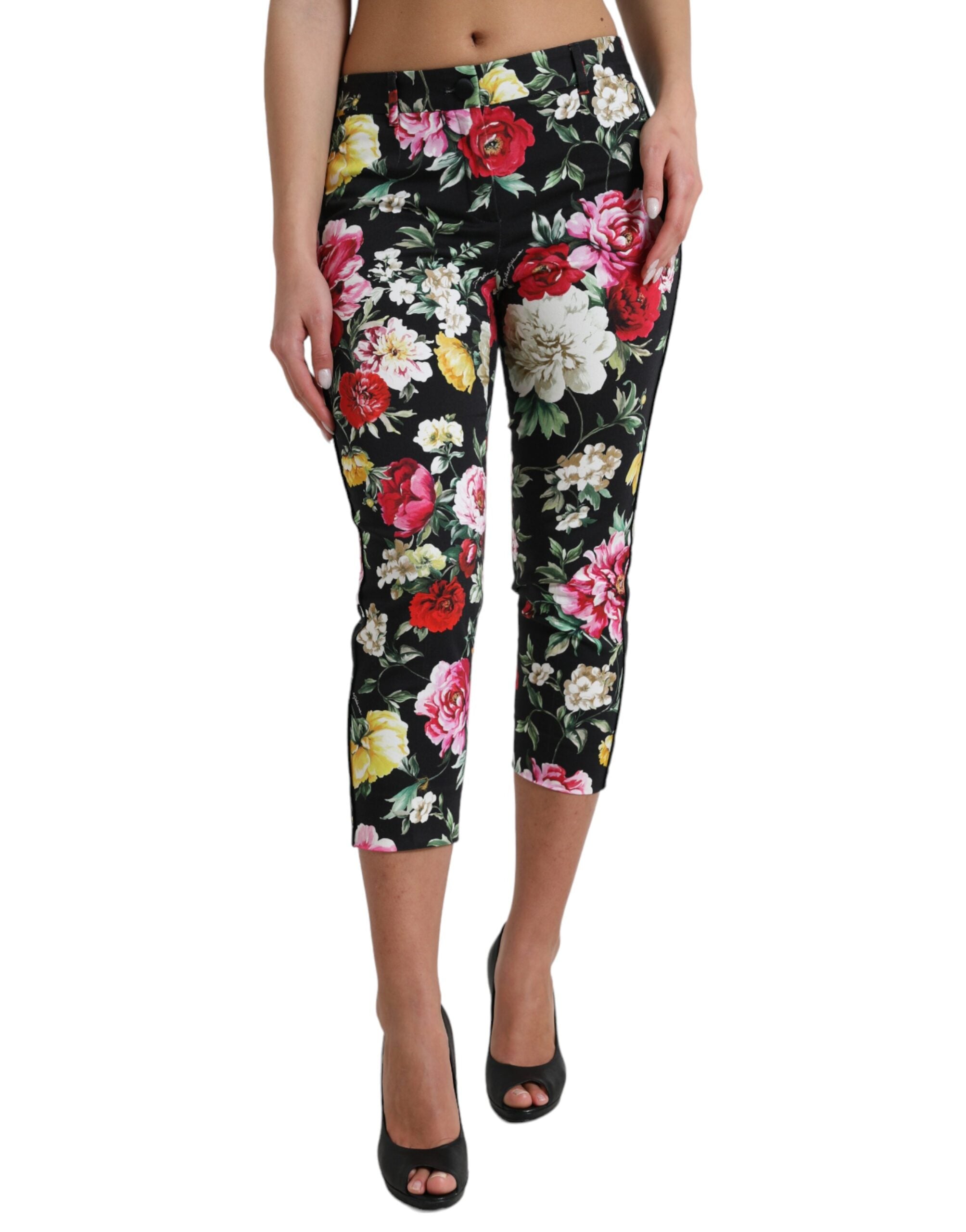 Dolce & Gabbana Black trousers with floral print and mid-waist