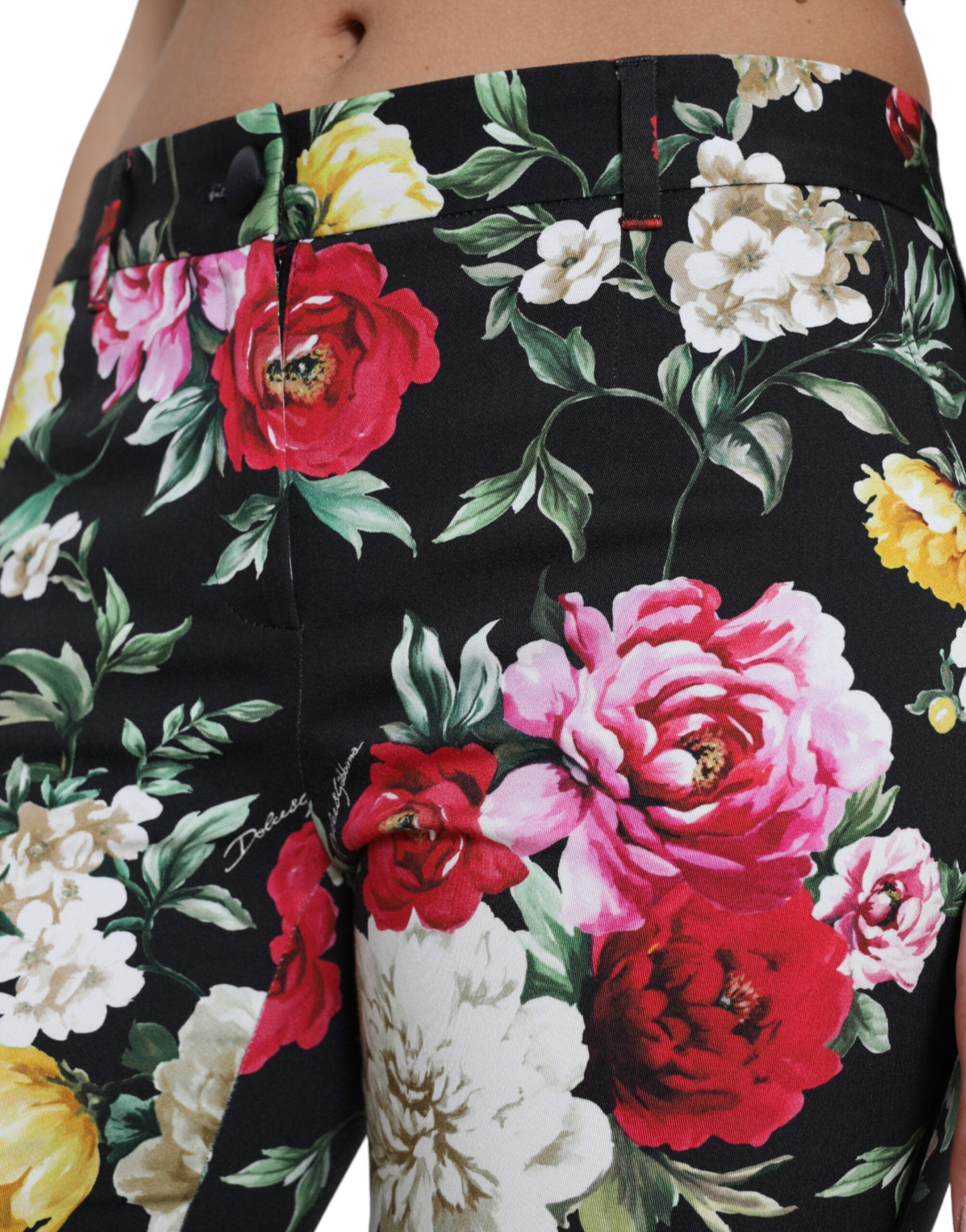 Dolce & Gabbana Black trousers with floral print and mid-waist-5