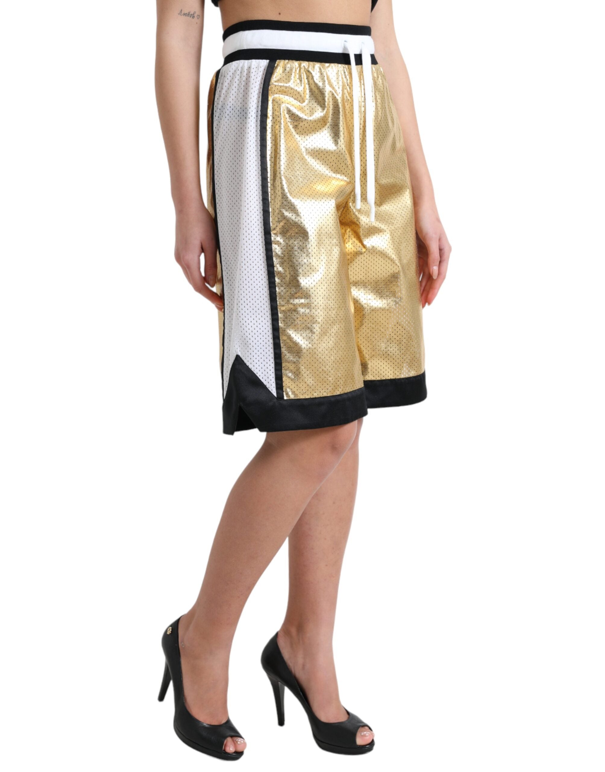 Dolce & Gabbana Goldfarbene, perforierte Shorts mit hoher Taille aus Polyester-2