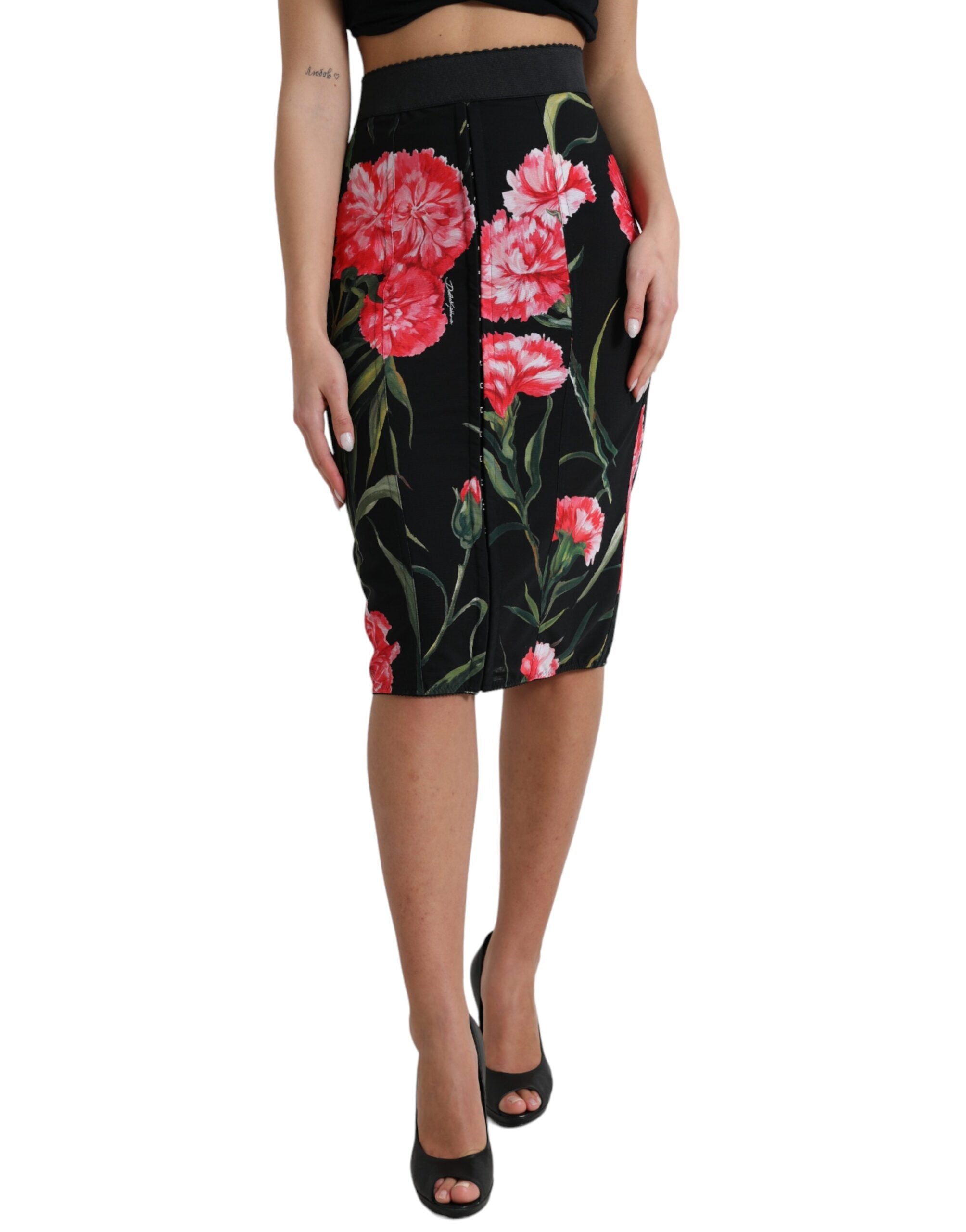 Dolce & Gabbana Black Carnation Knee-Length Pencil Skirt