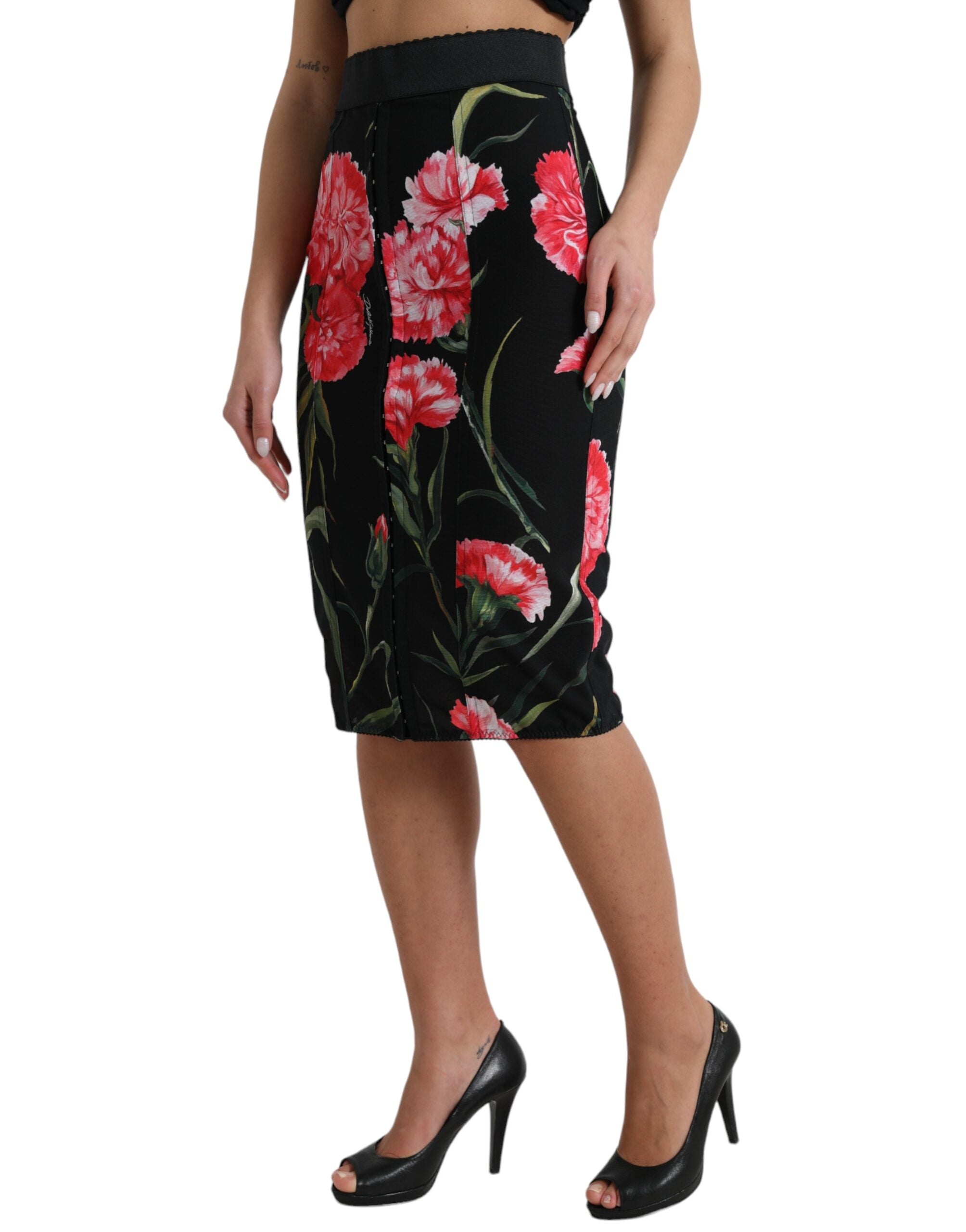 Dolce & Gabbana Black Carnation Knee-Length Pencil Skirt-2