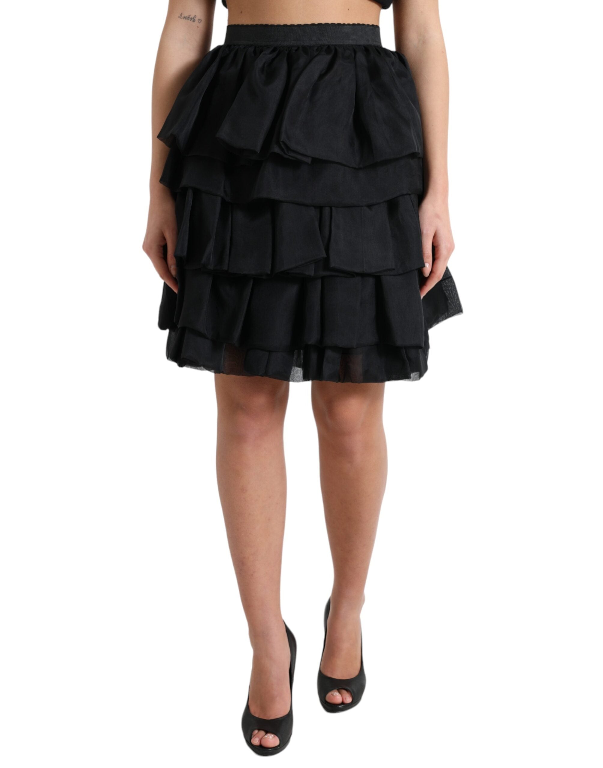 Dolce & Gabbana Black tiered Aline silk mini skirt with high waist