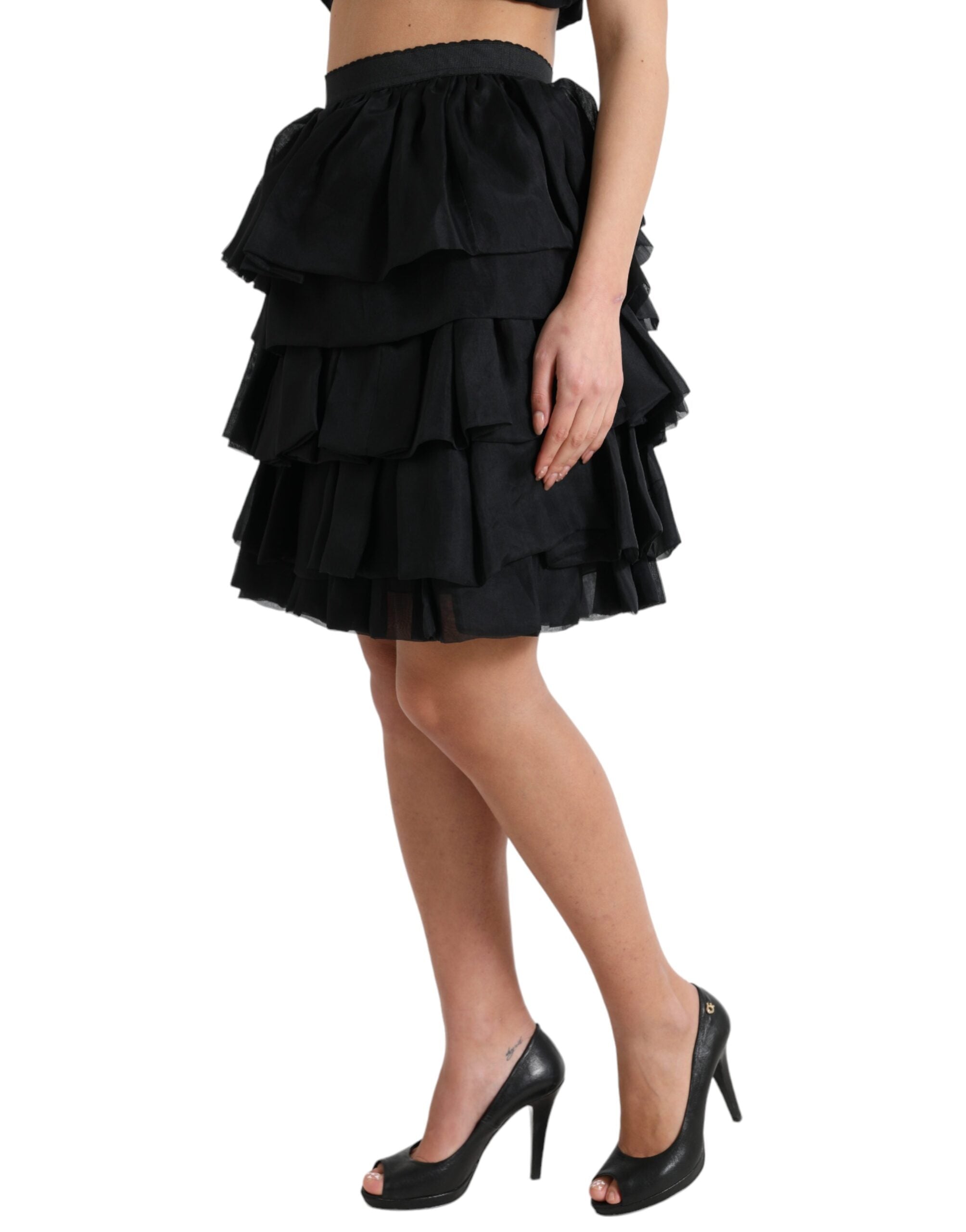 Dolce & Gabbana Black tiered Aline silk mini skirt with high waist-2
