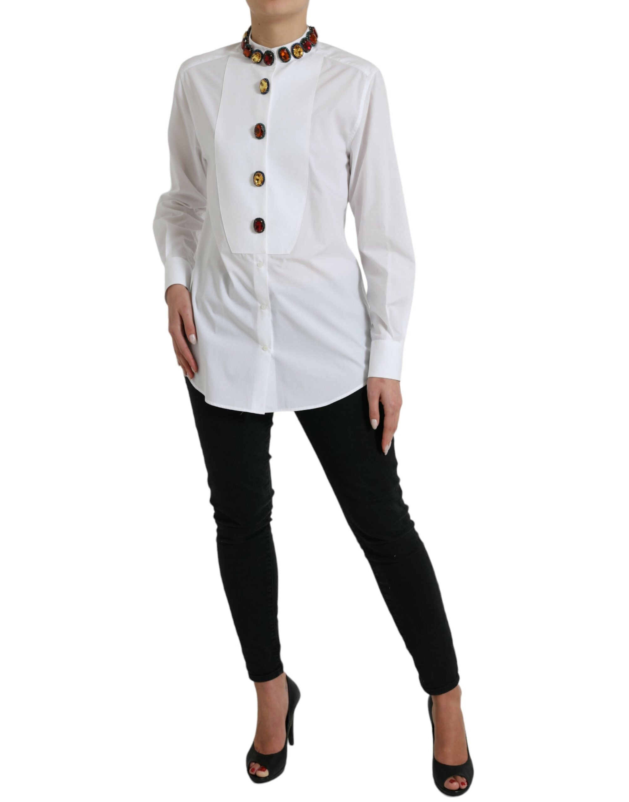 Dolce & Gabbana White cotton shirt top embellished with crystals-2