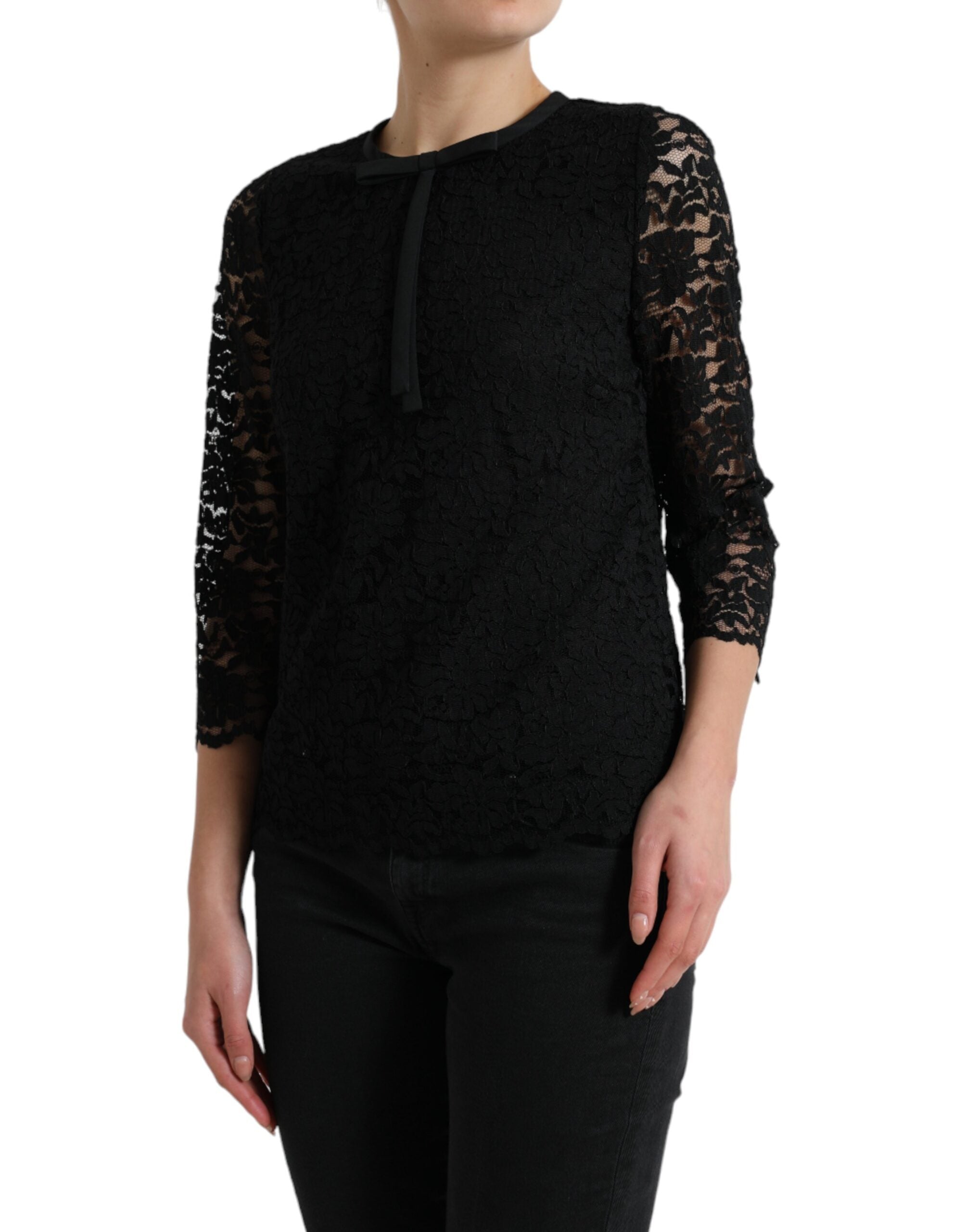 Dolce & Gabbana Schwarzes STAFF Bluse Floral Lace Nylon Top-2