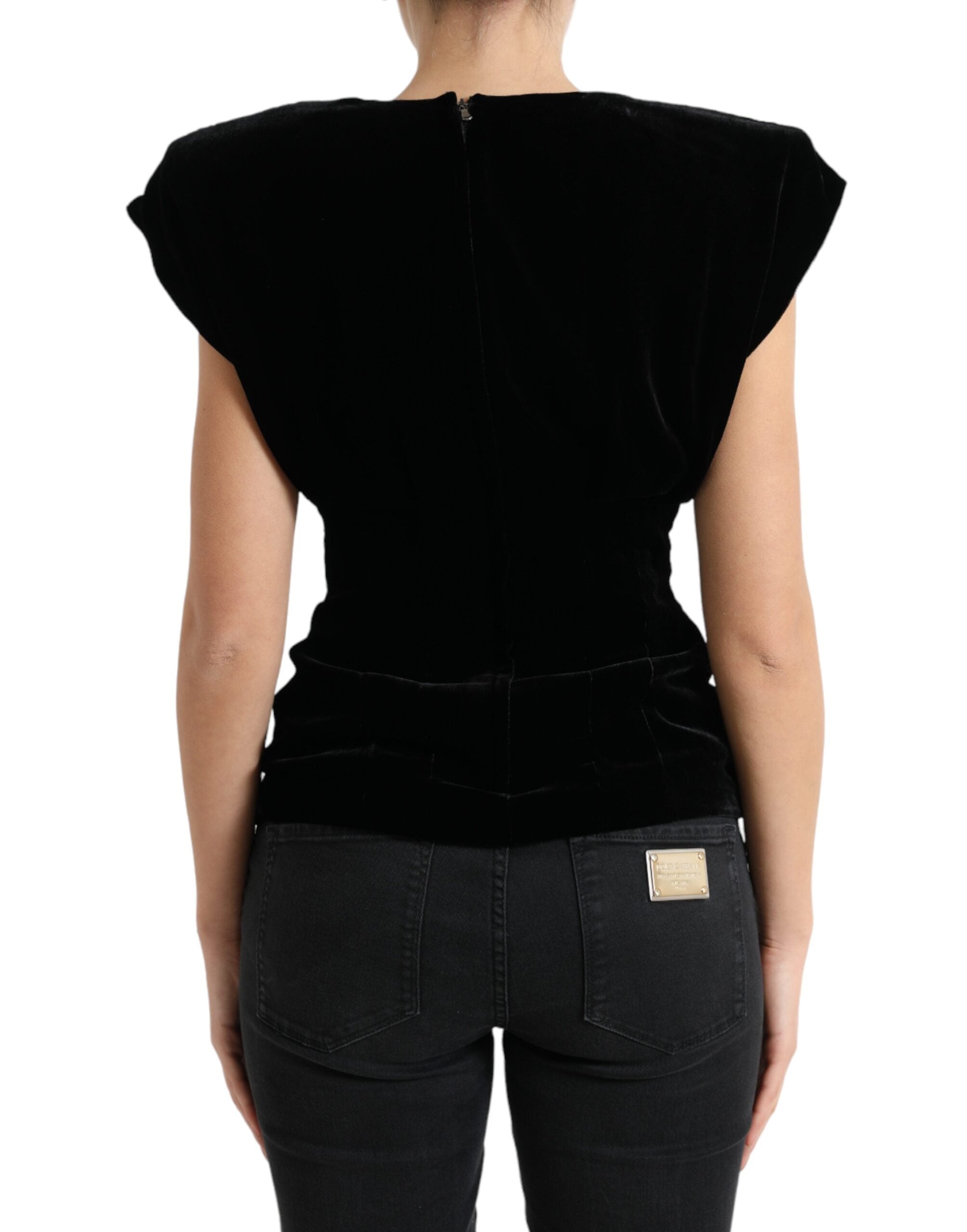 Blusa de terciopelo negro con hombros acolchados de Dolce & Gabbana-3