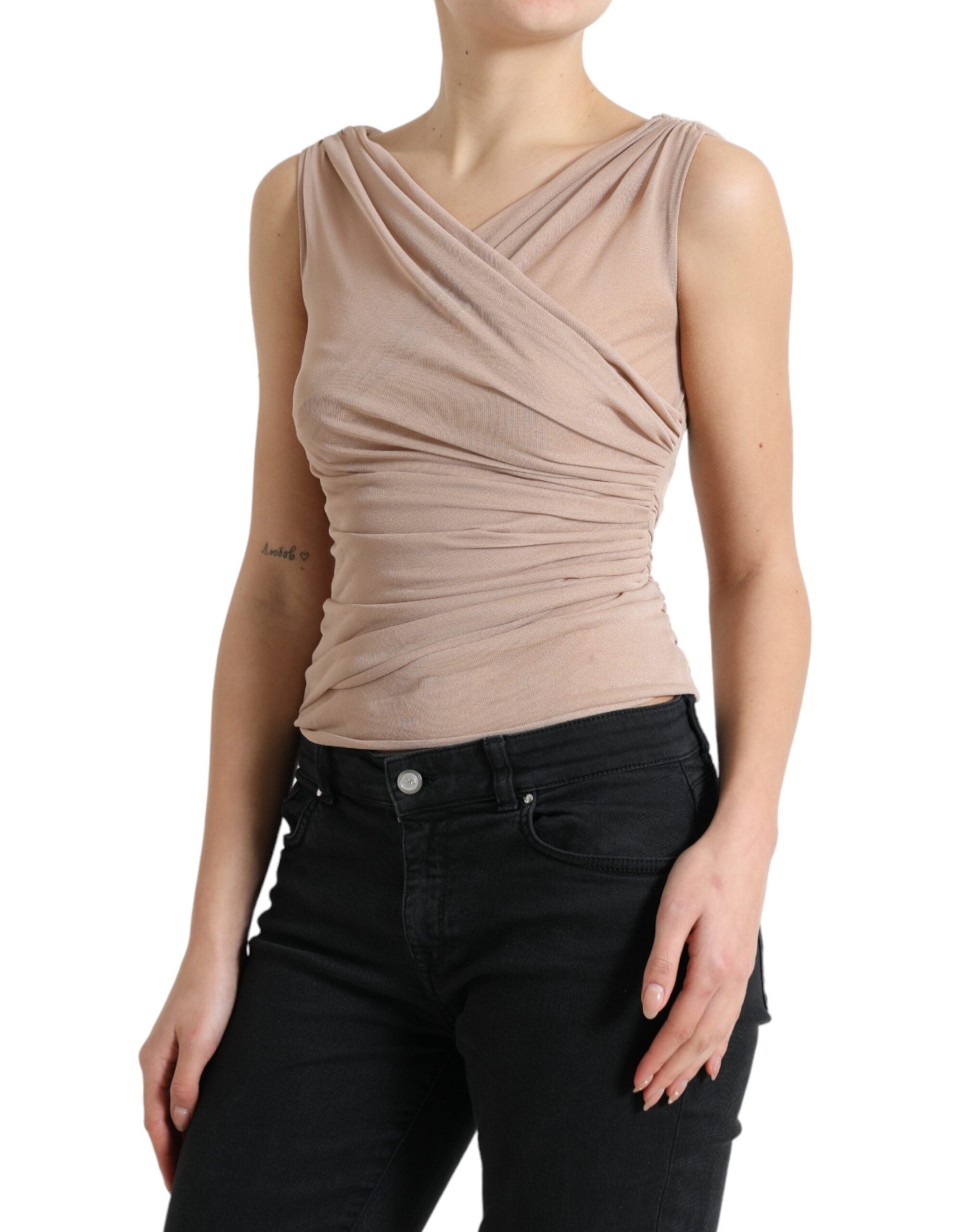 Top sin mangas con cuello en V de viscosa beige de Dolce & Gabbana-2