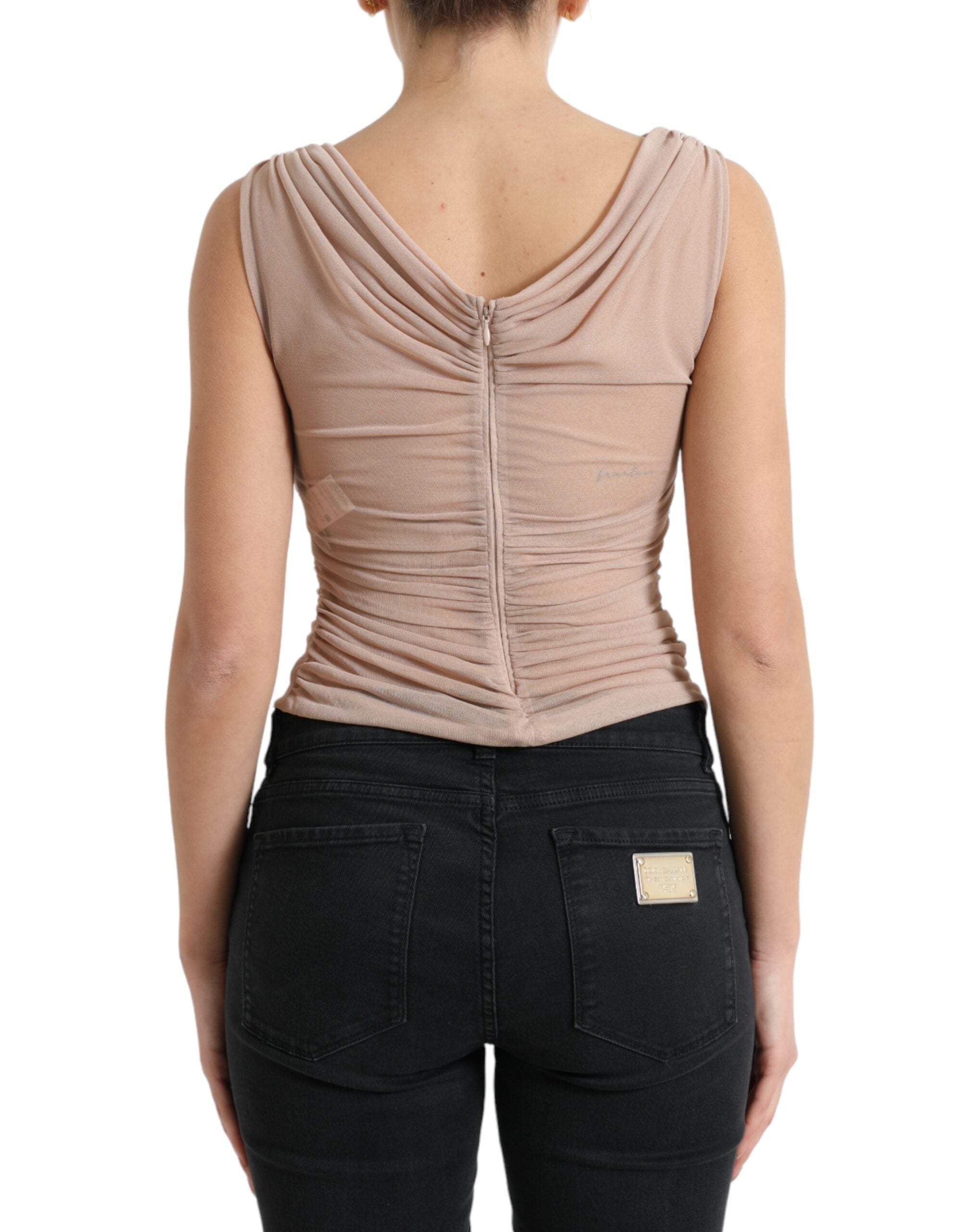 Top sin mangas con cuello en V de viscosa beige de Dolce & Gabbana-3