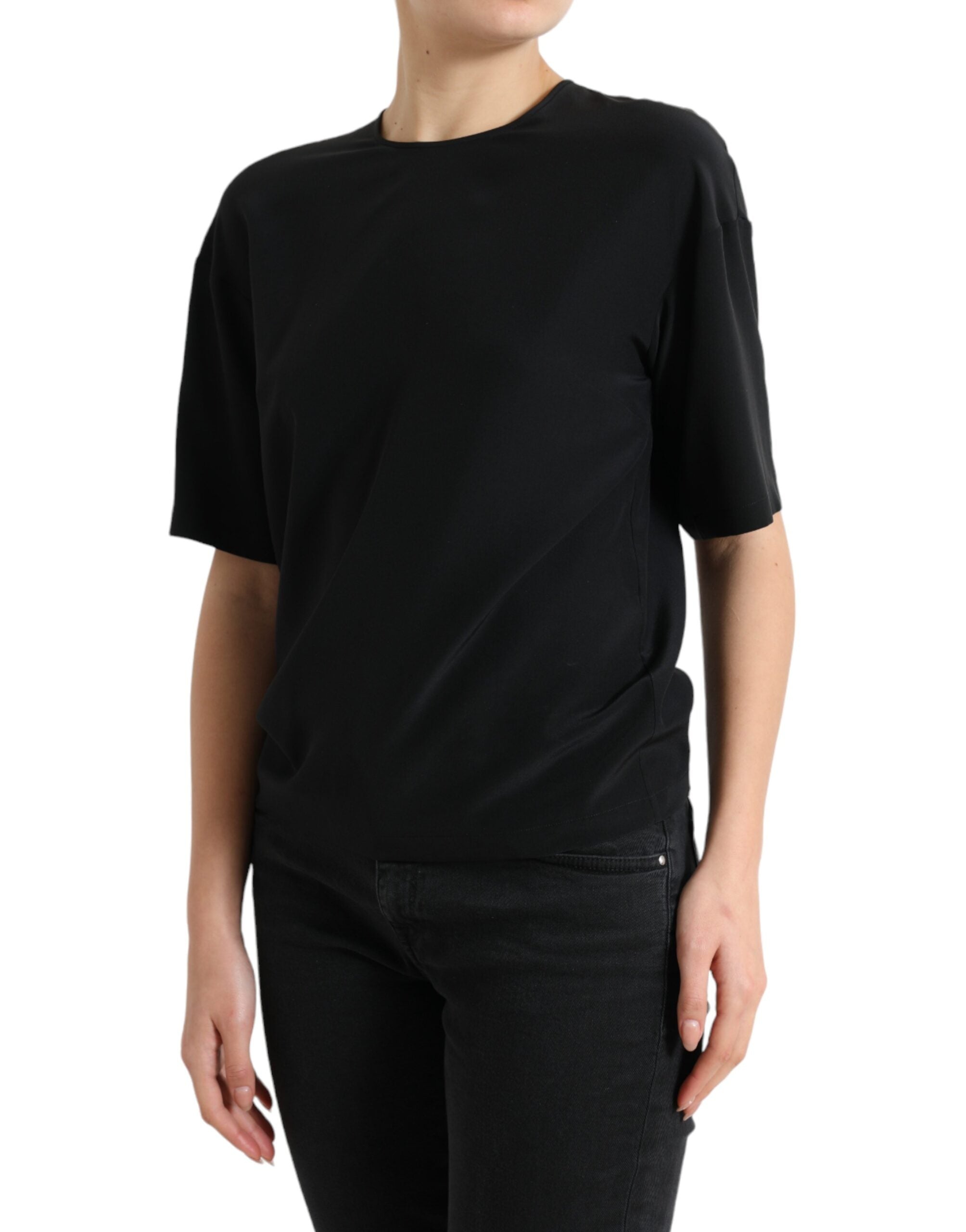 Blusa de seda negra con cuello redondo y manga corta de Dolce & Gabbana-2
