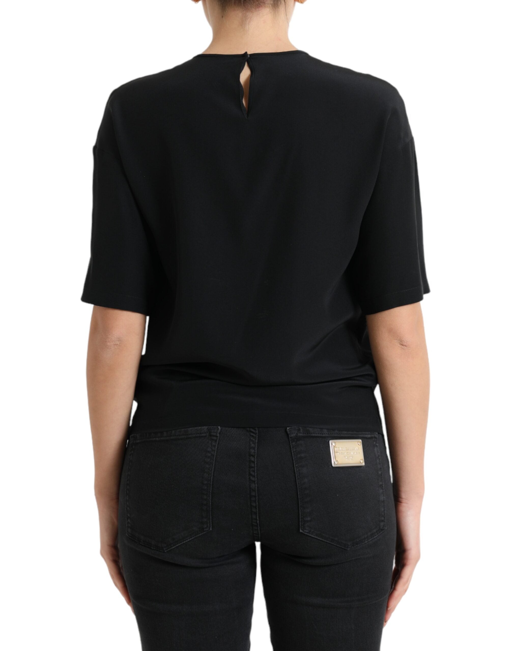 Blusa de seda negra con cuello redondo y manga corta de Dolce & Gabbana-3