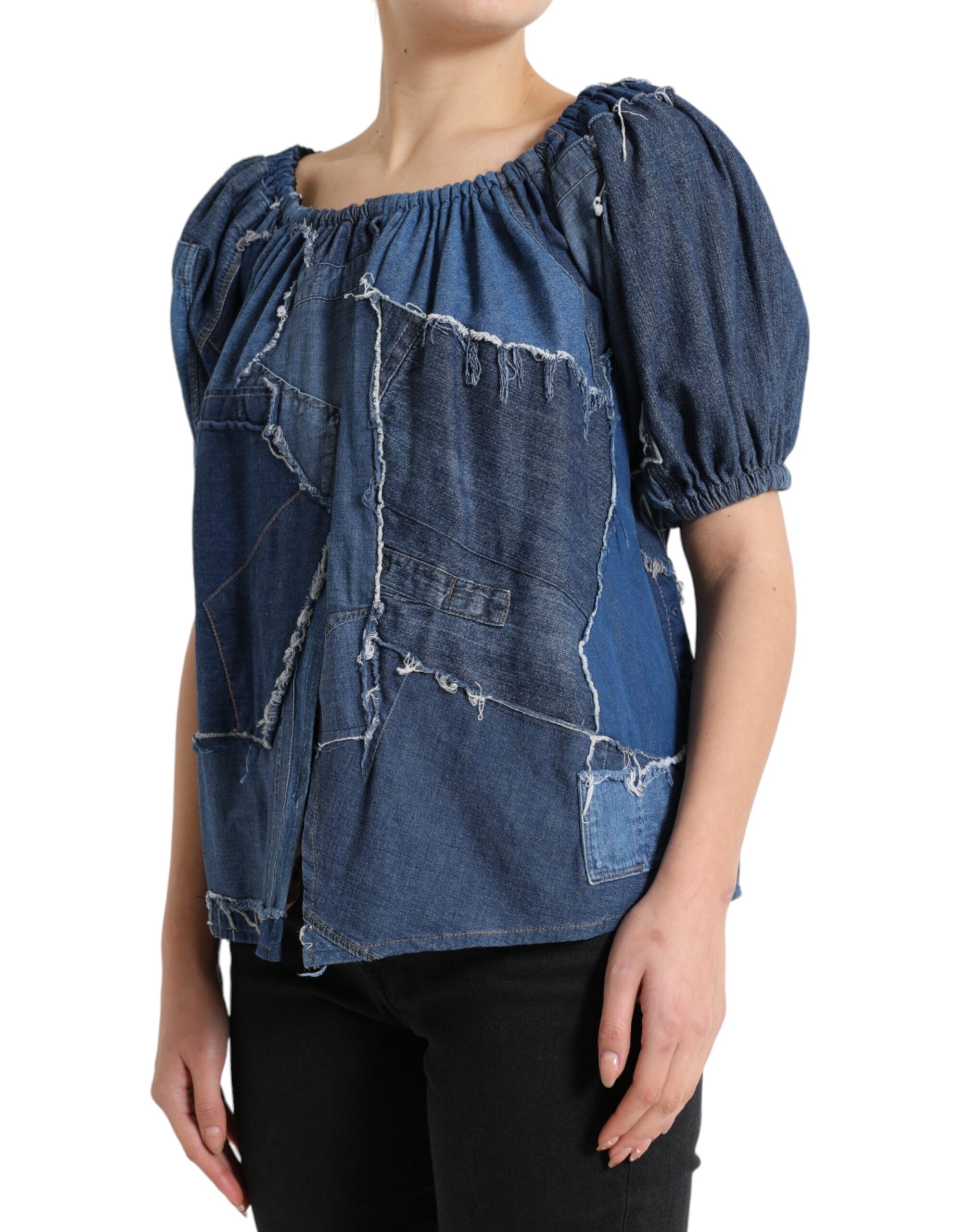 Dolce & Gabbana Blaues Patchwork Denim-Blusen-Top mit kurzen Ärmeln-2