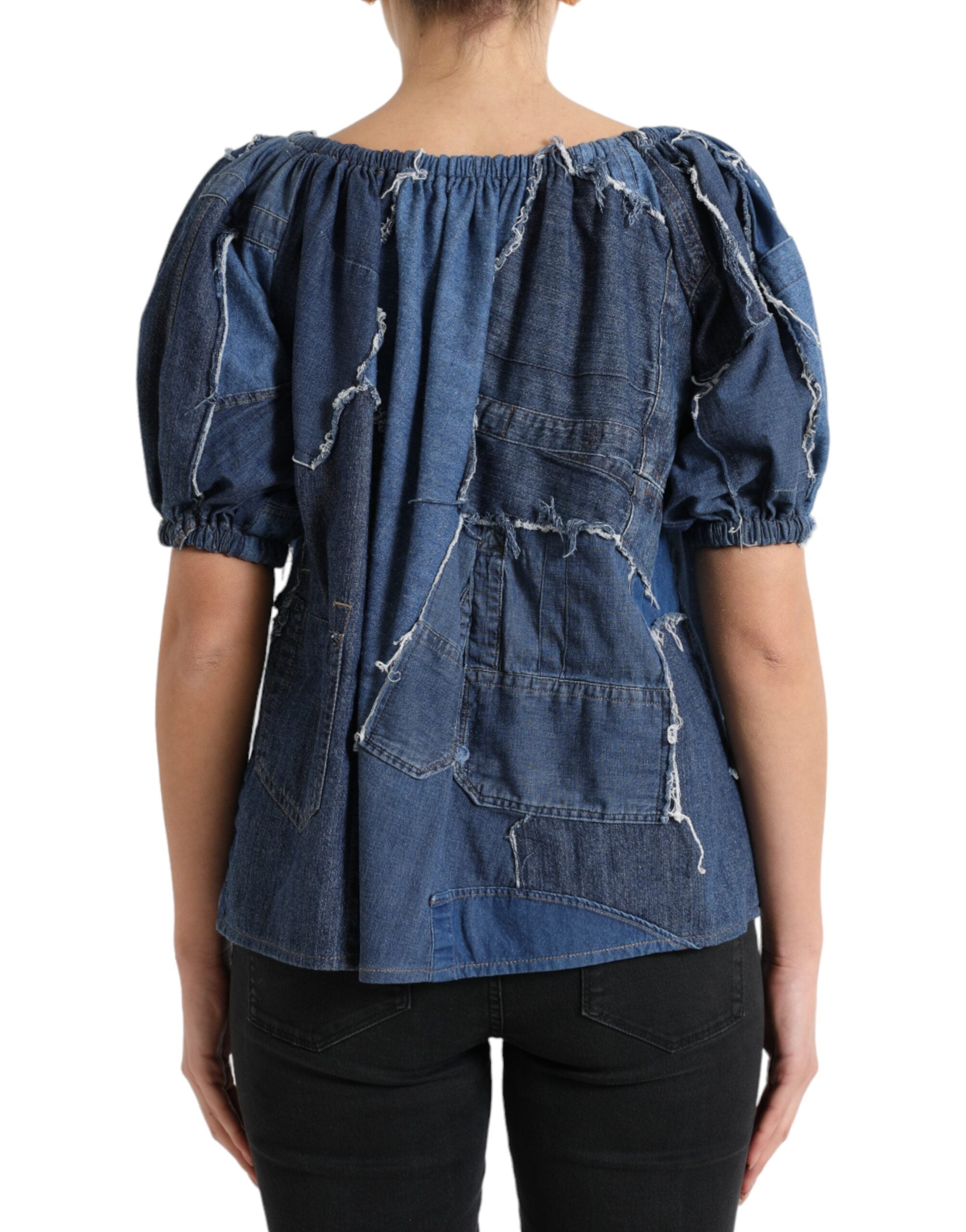 Dolce & Gabbana Blaues Patchwork Denim-Blusen-Top mit kurzen Ärmeln-3