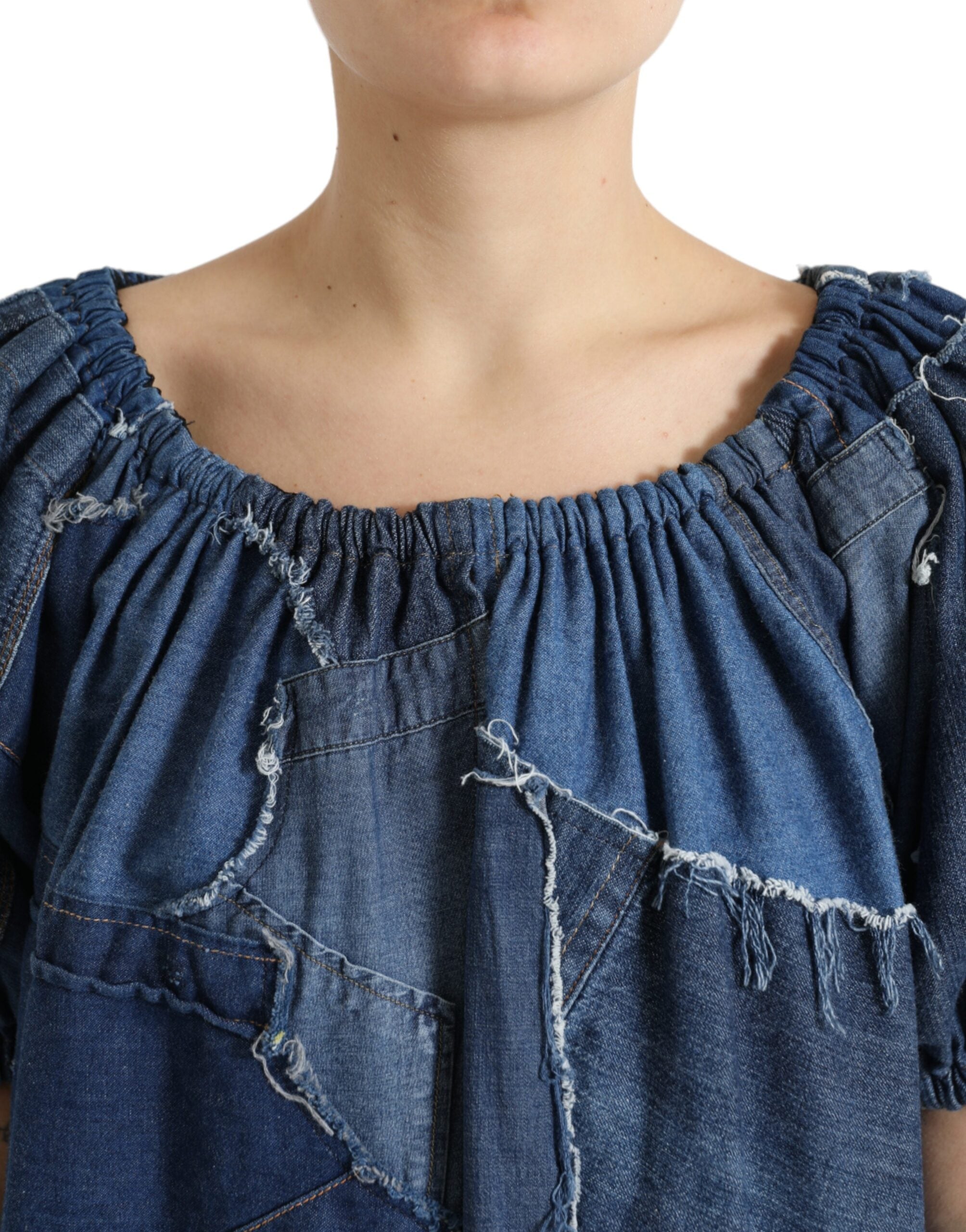 Dolce & Gabbana Blaues Patchwork Denim-Blusen-Top mit kurzen Ärmeln-4