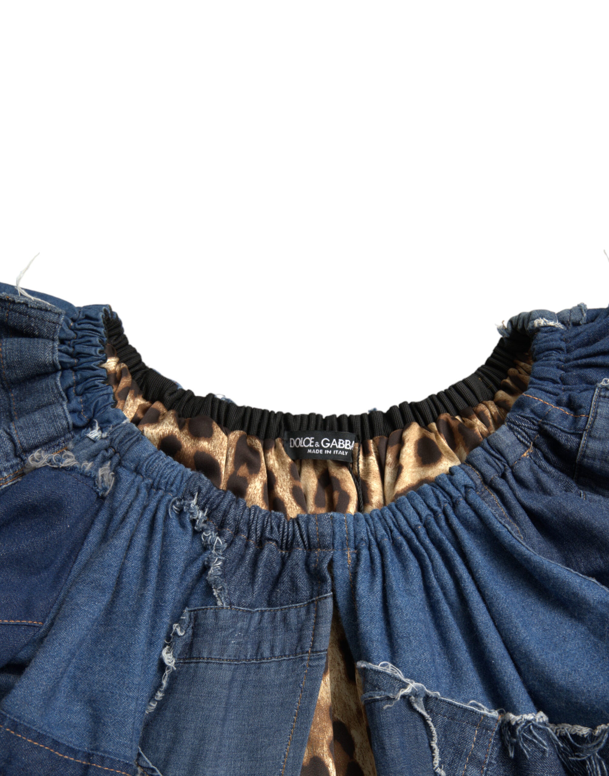Dolce & Gabbana Blaues Patchwork Denim-Blusen-Top mit kurzen Ärmeln-6