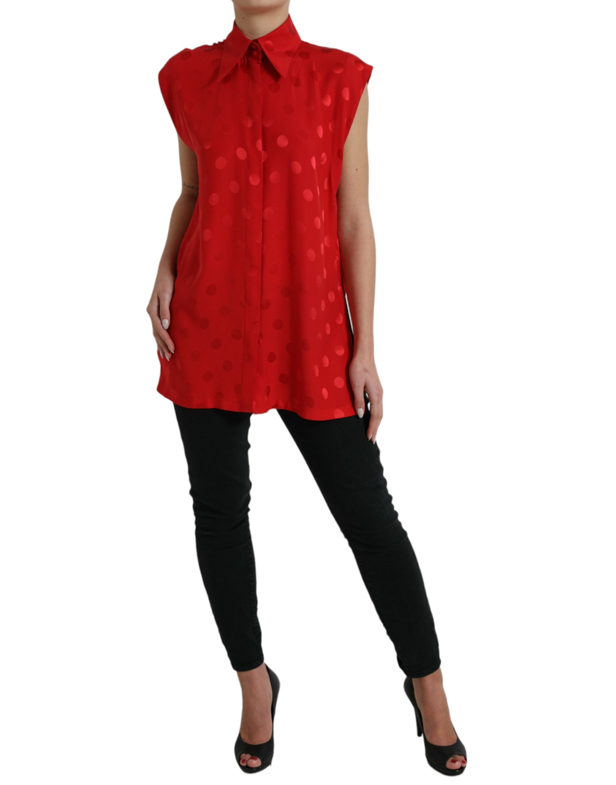 Dolce & Gabbana Red polka dot sleeveless blouse top with collar-2