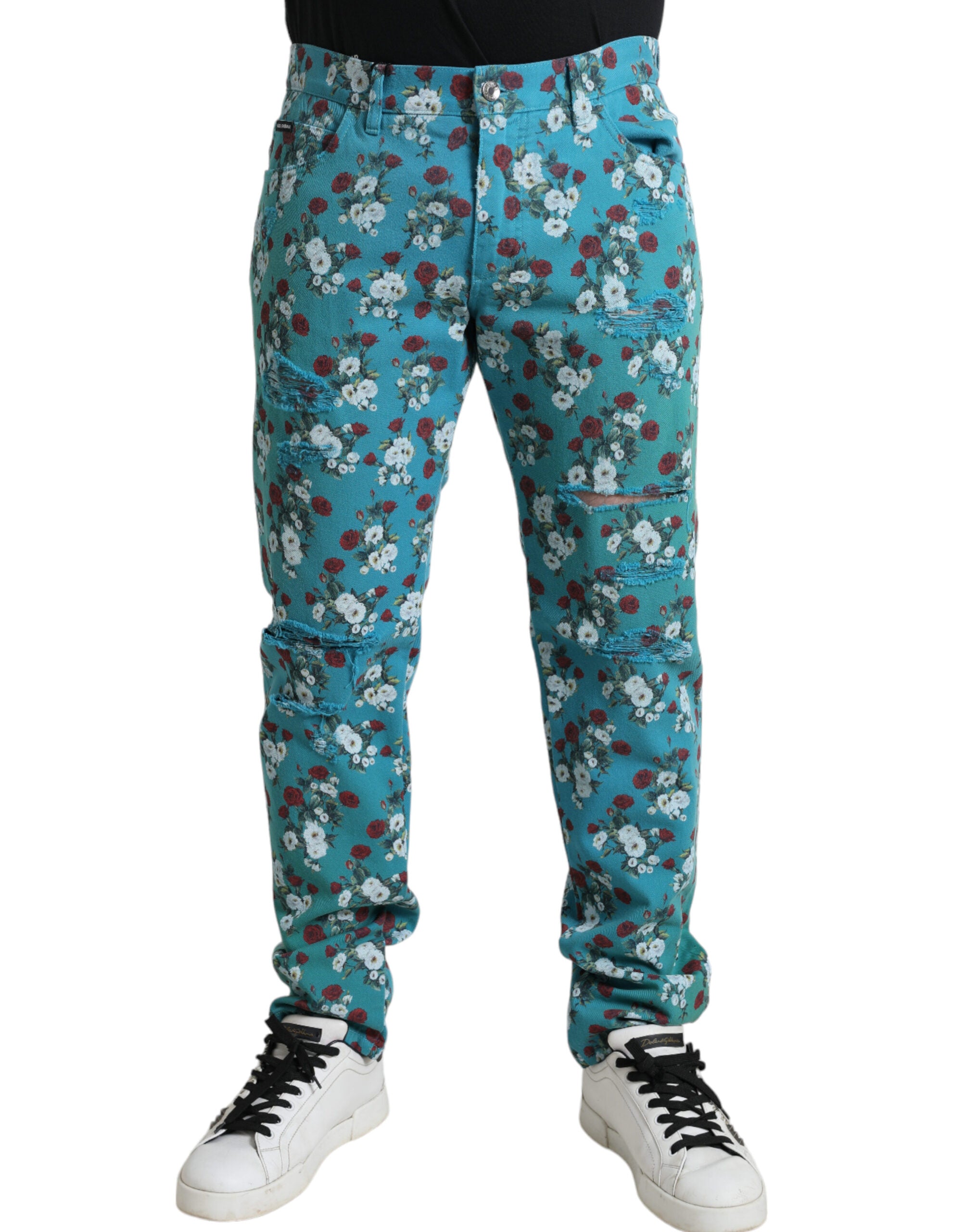Dolce & Gabbana Blue skinny denim trousers in cotton with floral print