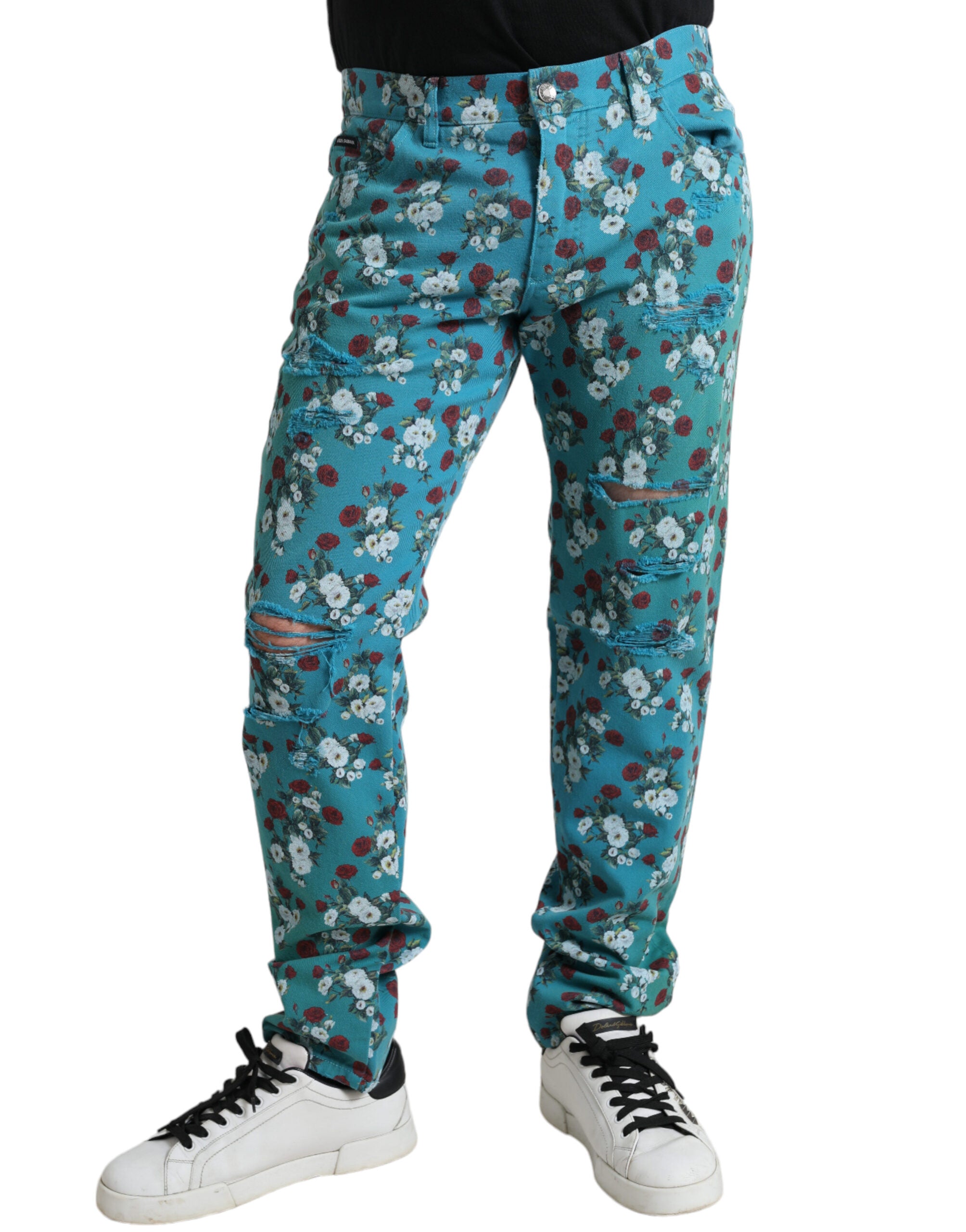 Dolce & Gabbana Blue skinny denim trousers in cotton with floral print-3