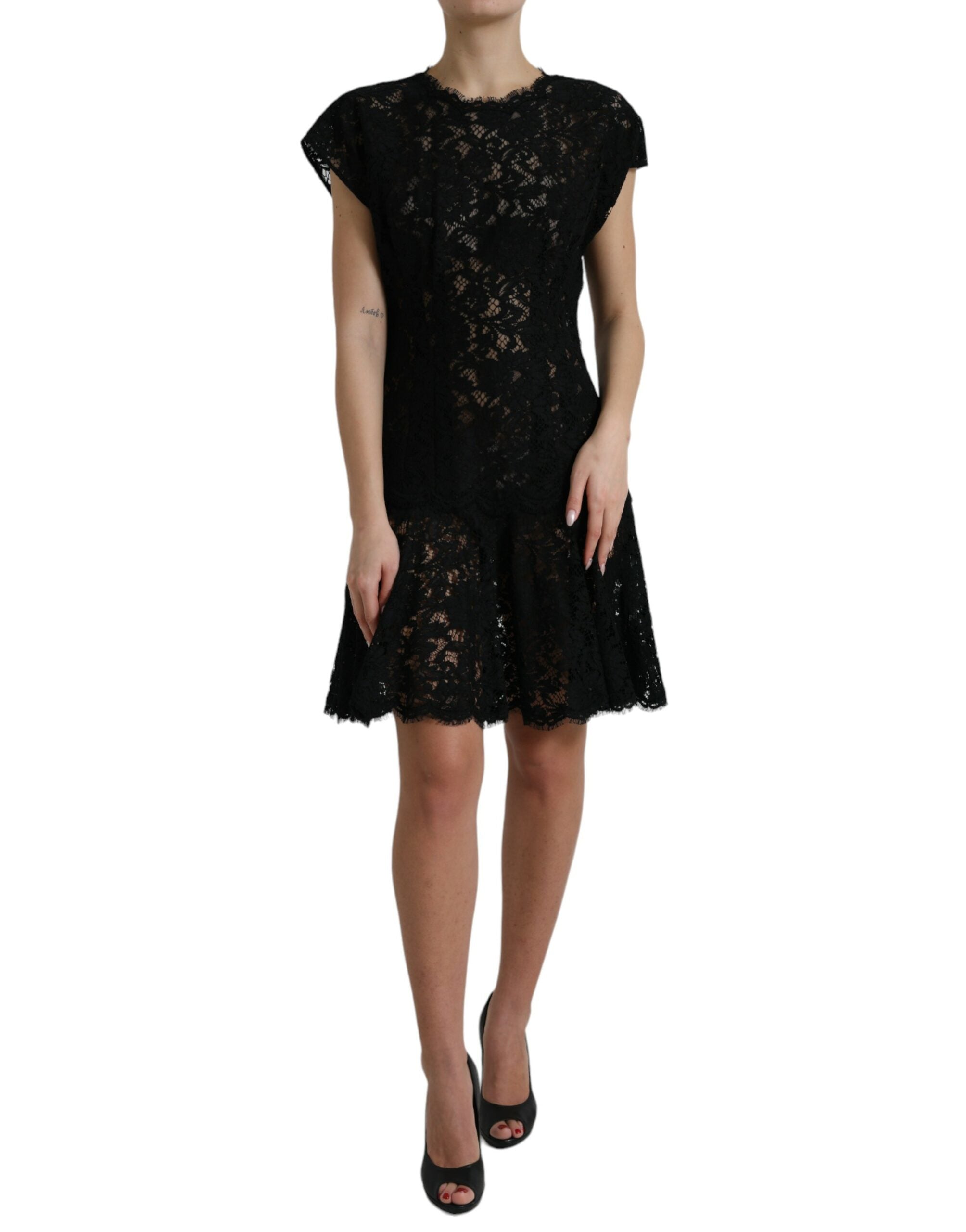 Vestido mini de algodón negro de Dolce & Gabbana con corte en A y encaje floral-1