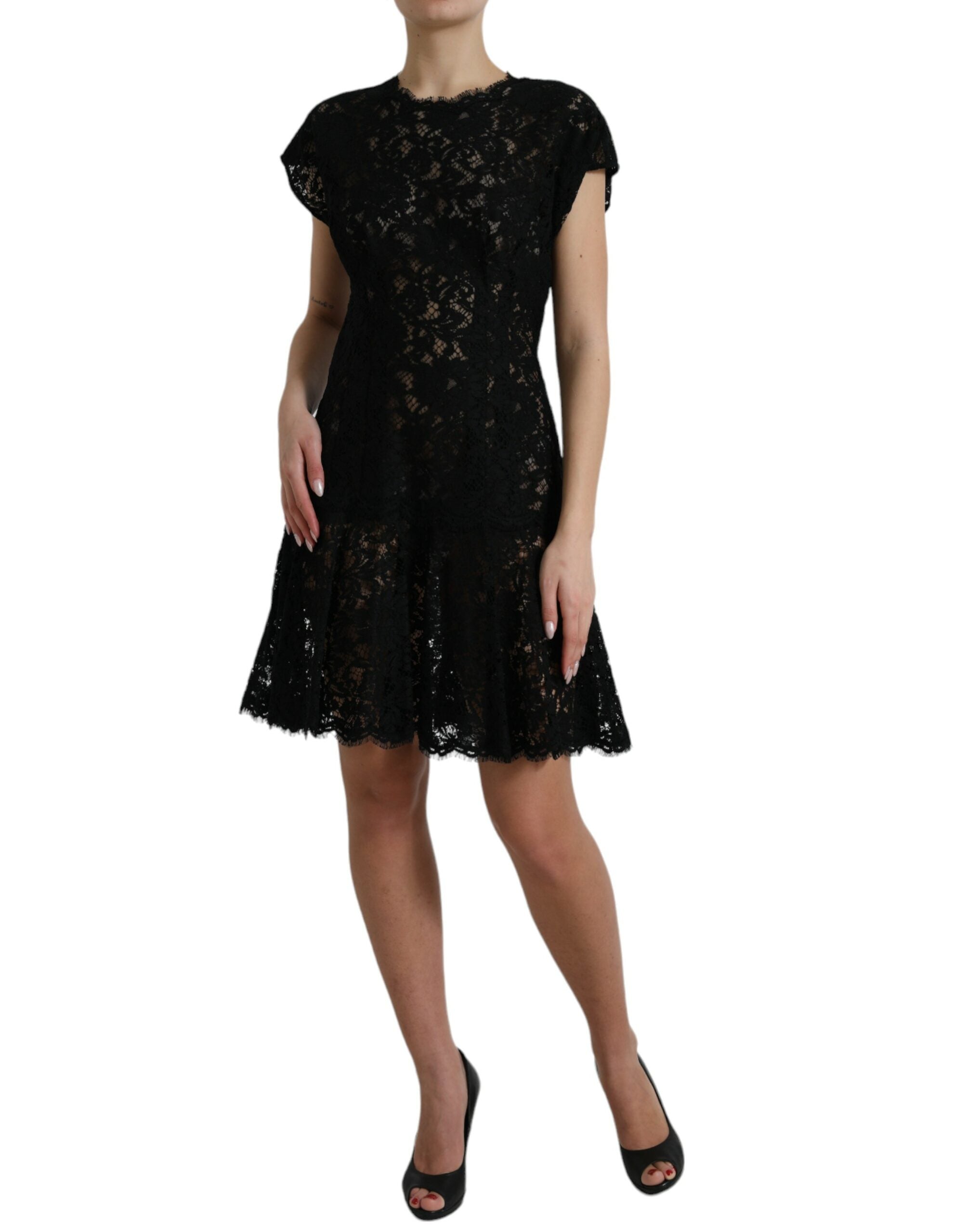 Vestido mini de algodón negro de Dolce & Gabbana con corte en A y encaje floral-2