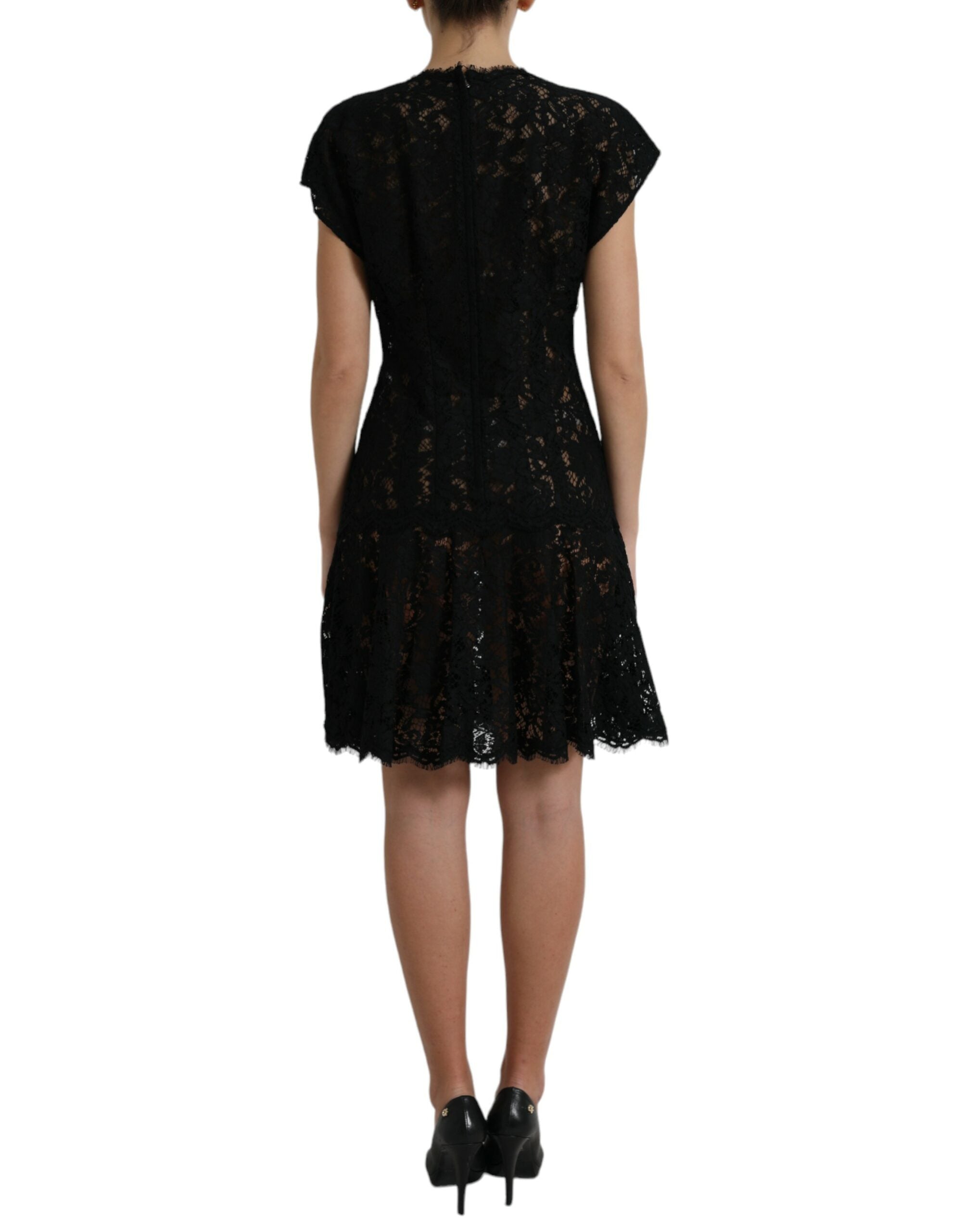 Vestido mini de algodón negro de Dolce & Gabbana con corte en A y encaje floral-3