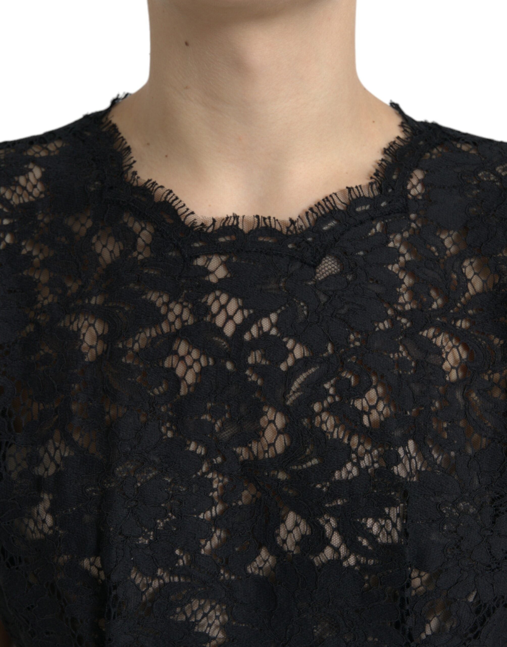 Vestido mini de algodón negro de Dolce & Gabbana con corte en A y encaje floral-4
