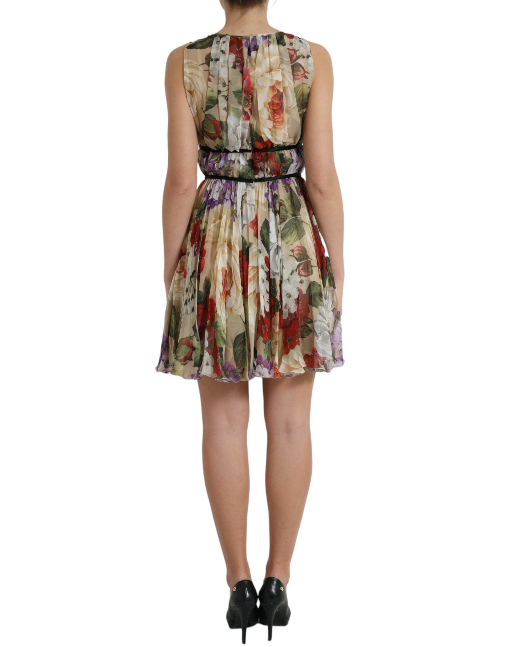 Dolce & Gabbana beige sleeveless A-line mini dress with floral pattern-3
