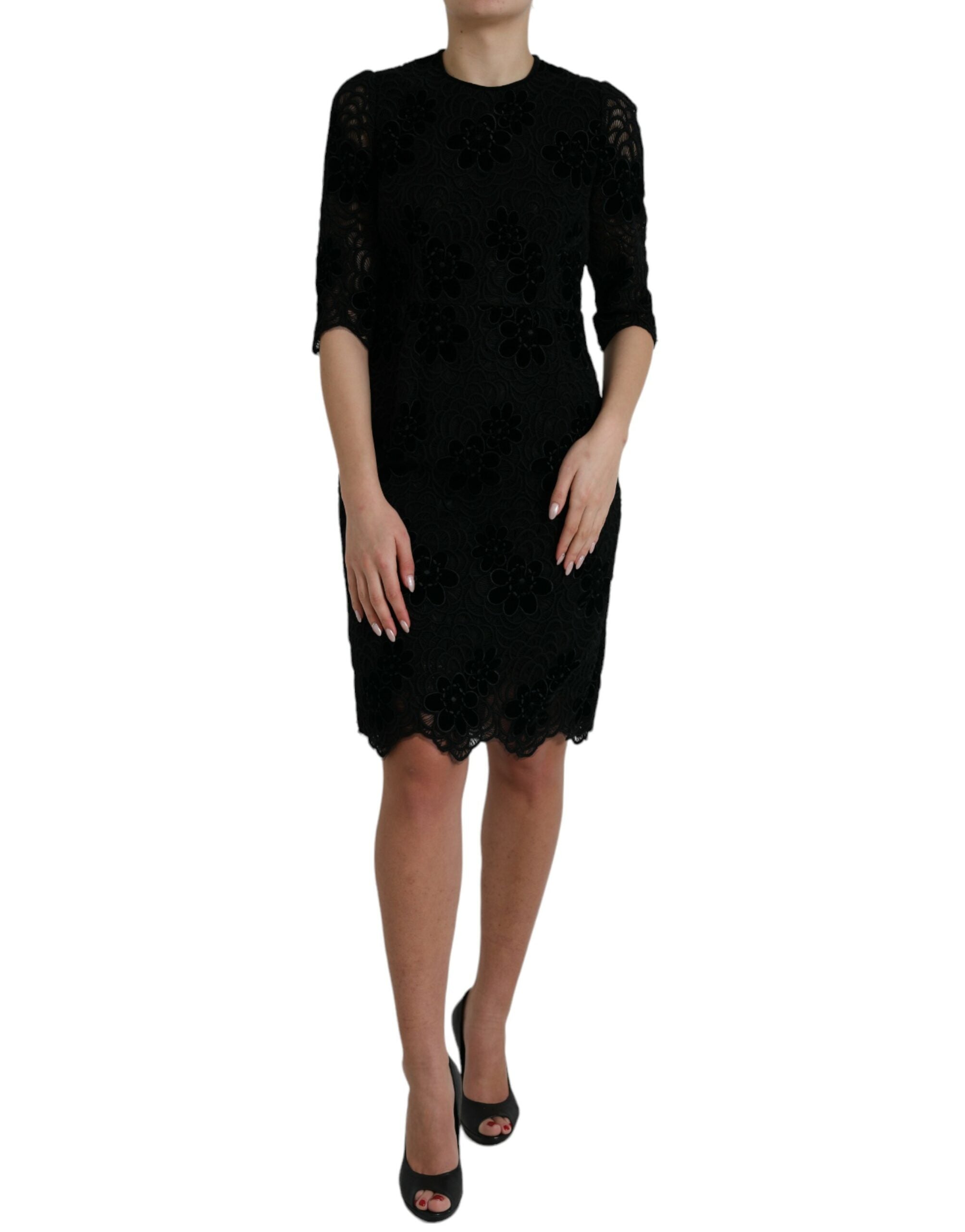 Dolce & Gabbana Black Cotton Bodycon Dress with Floral Lace-1