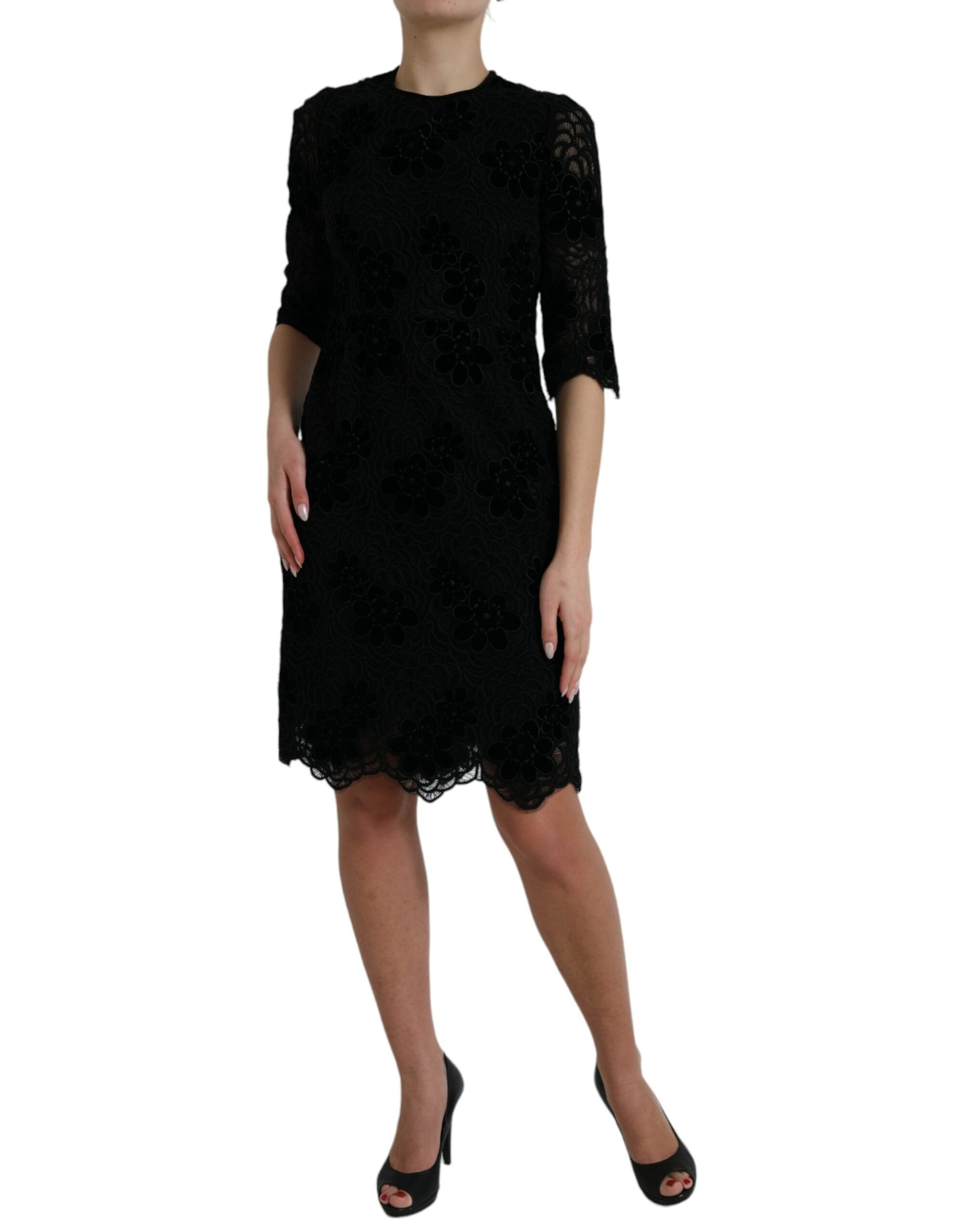 Dolce & Gabbana Black Cotton Bodycon Dress with Floral Lace-2