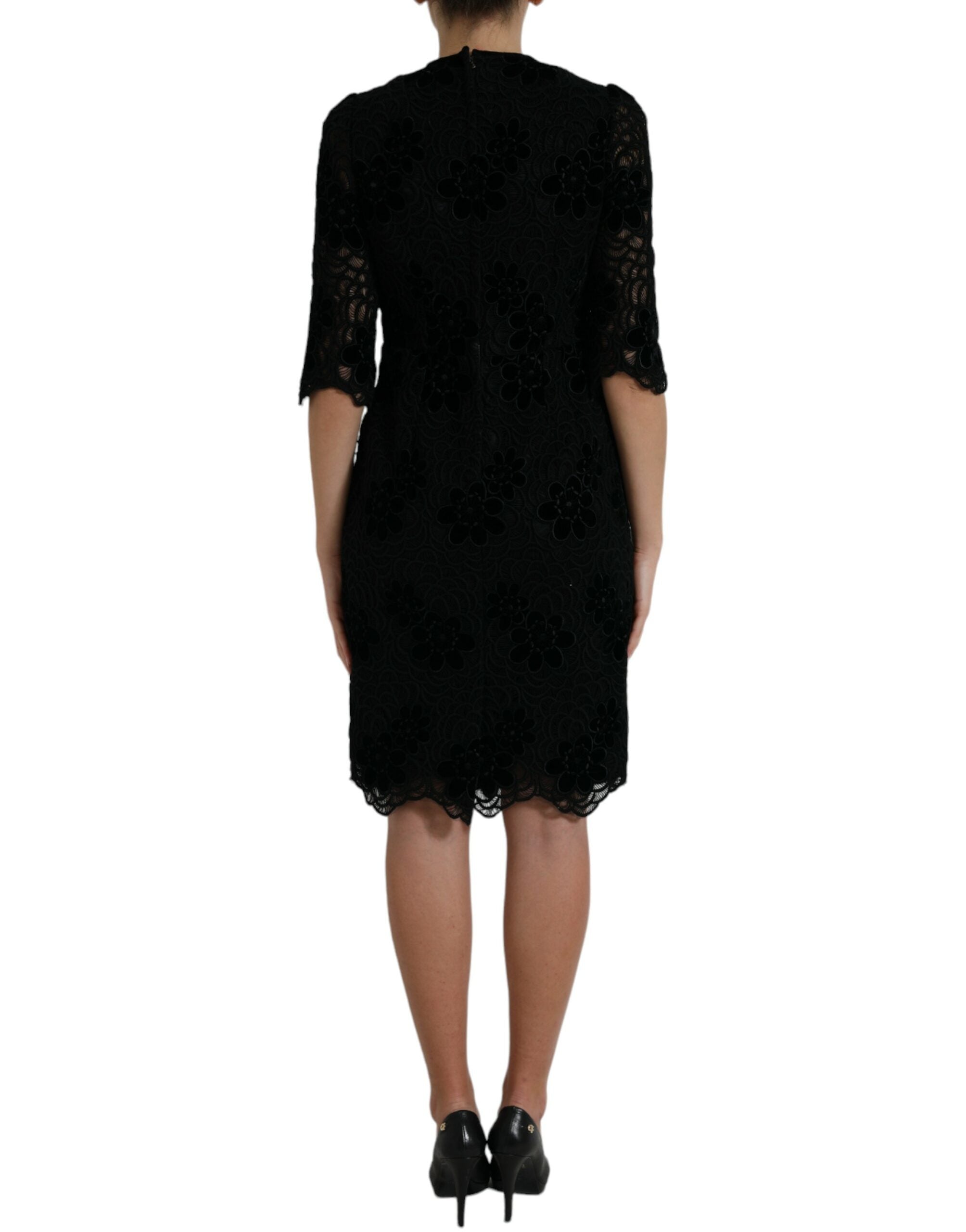 Dolce & Gabbana Black Cotton Bodycon Dress with Floral Lace-3