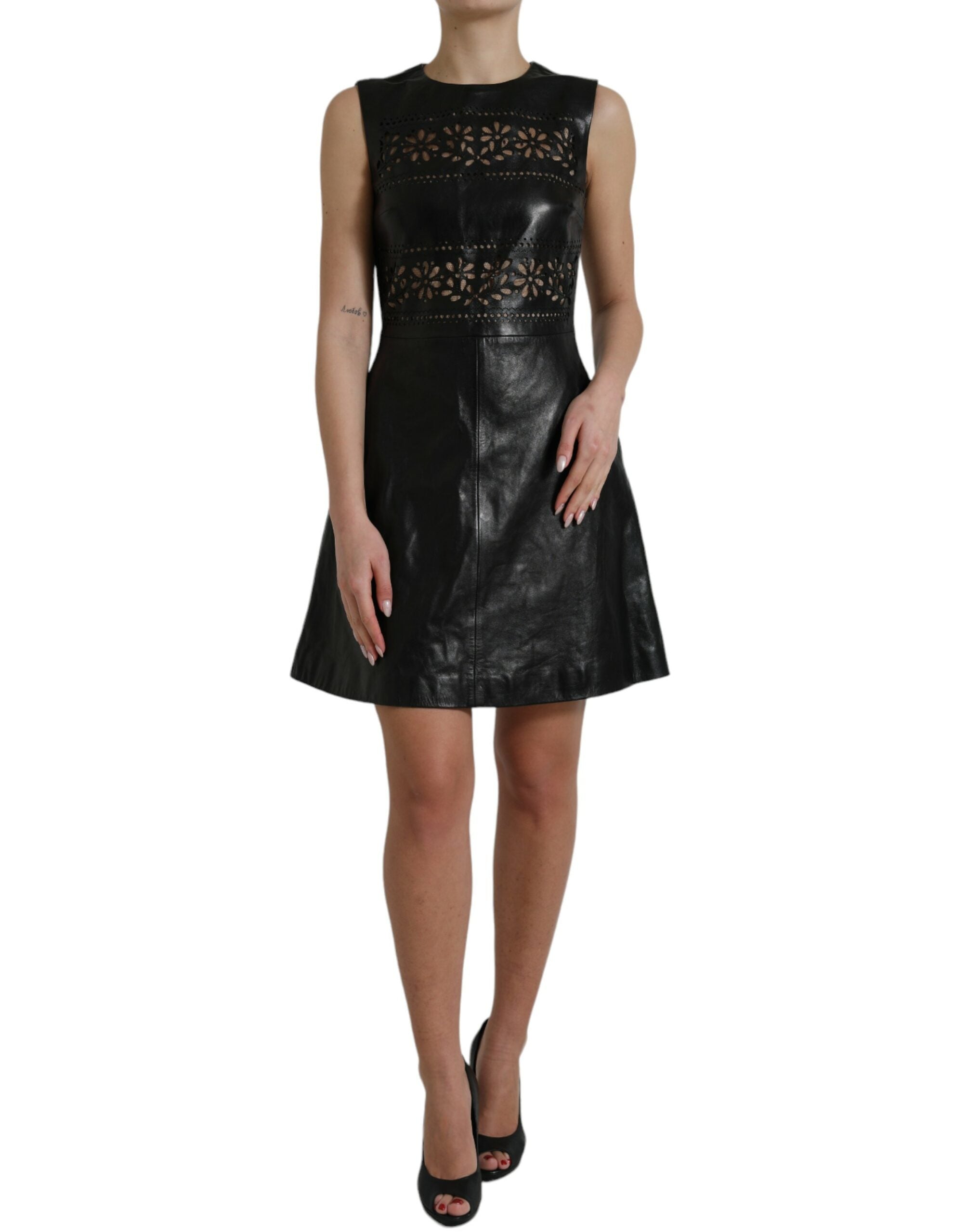 Valentino Shiny Black Nylon Neckline A-Line Mini Dress