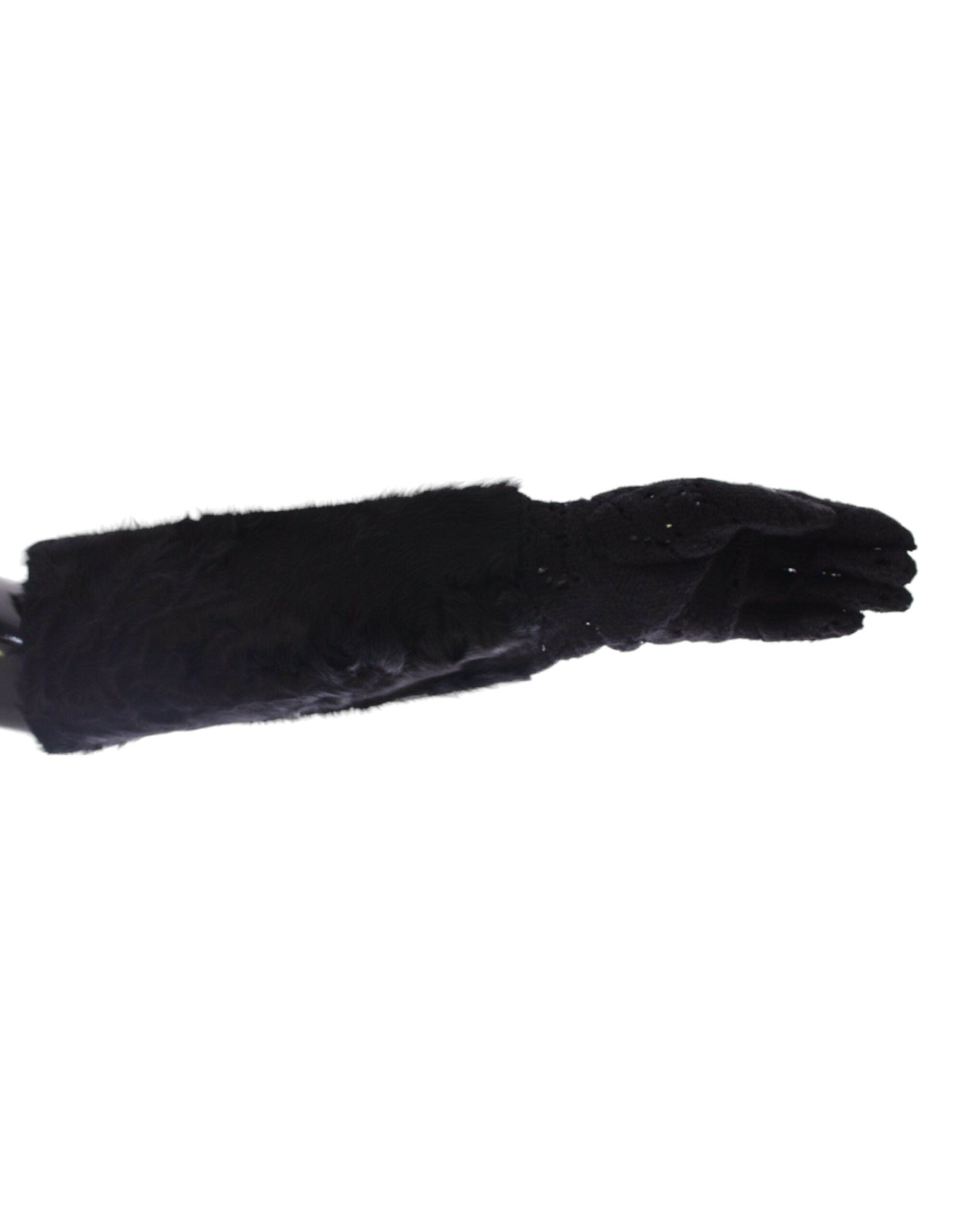 Dolce & Gabbana Black Lace Wool Lambskin Fur Elbow Gloves-3