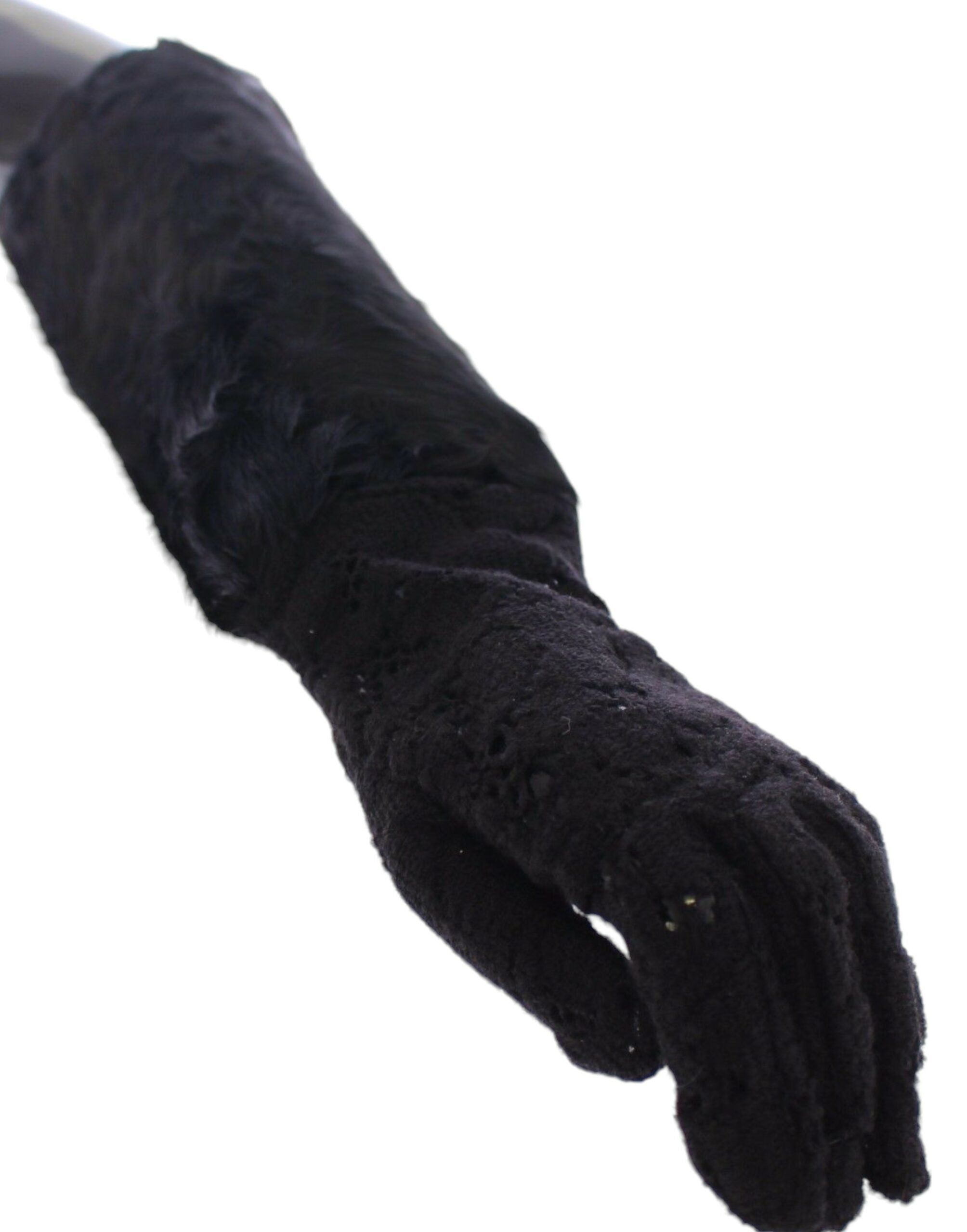 Dolce & Gabbana Black Lace Wool Lambskin Fur Elbow Gloves-5