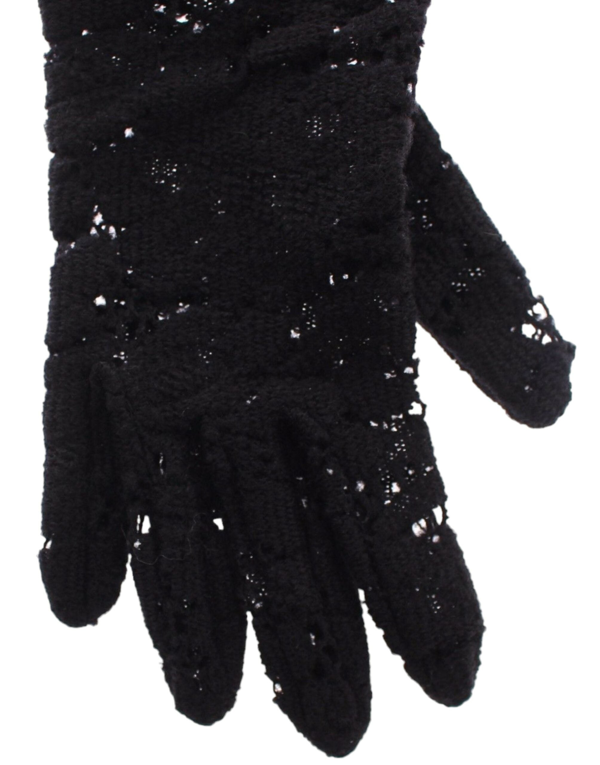 Dolce & Gabbana Black Lace Wool Lambskin Fur Elbow Gloves-4