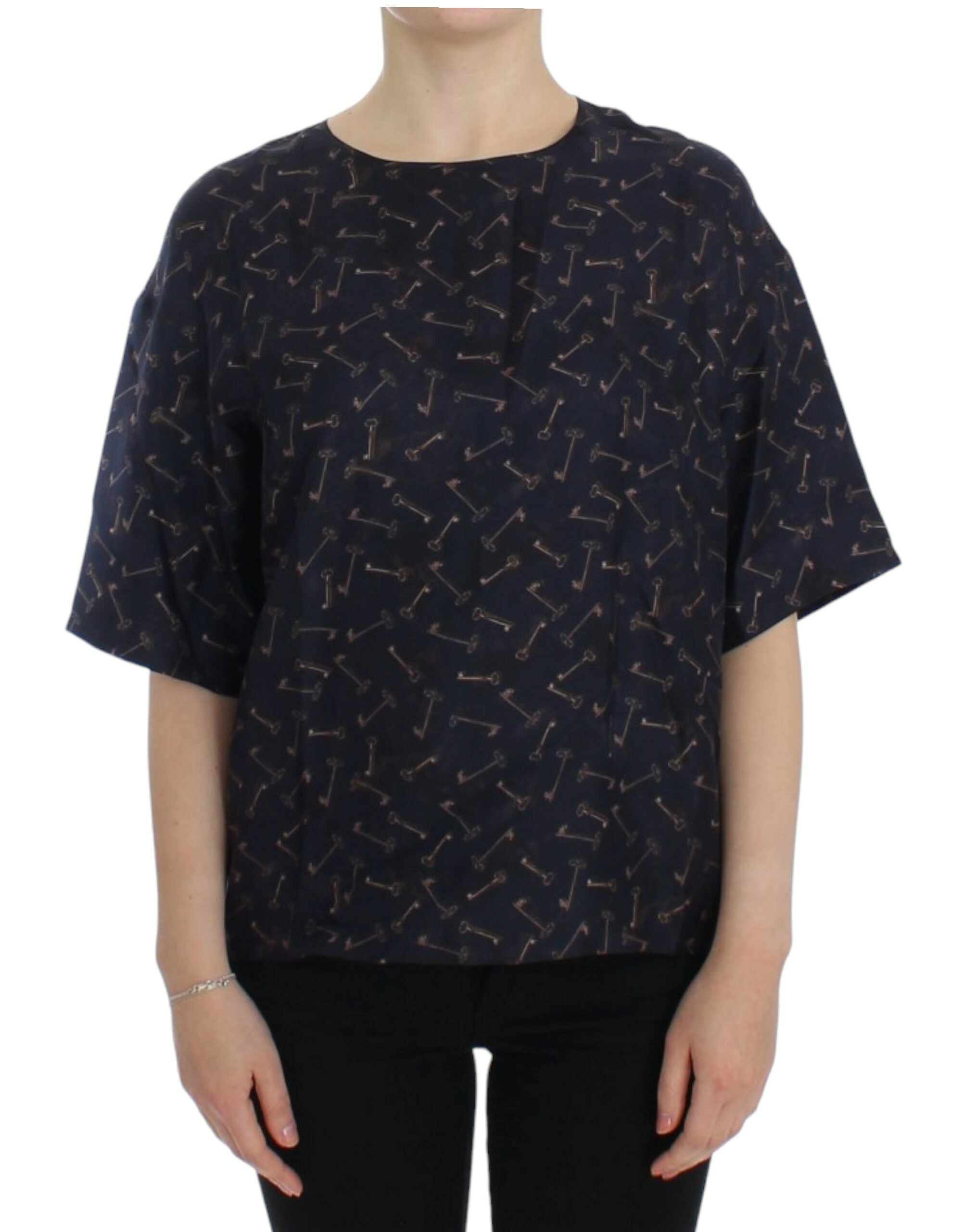 Blusa de seda azul y dorada con estampado de llaves de Dolce & Gabbana-1