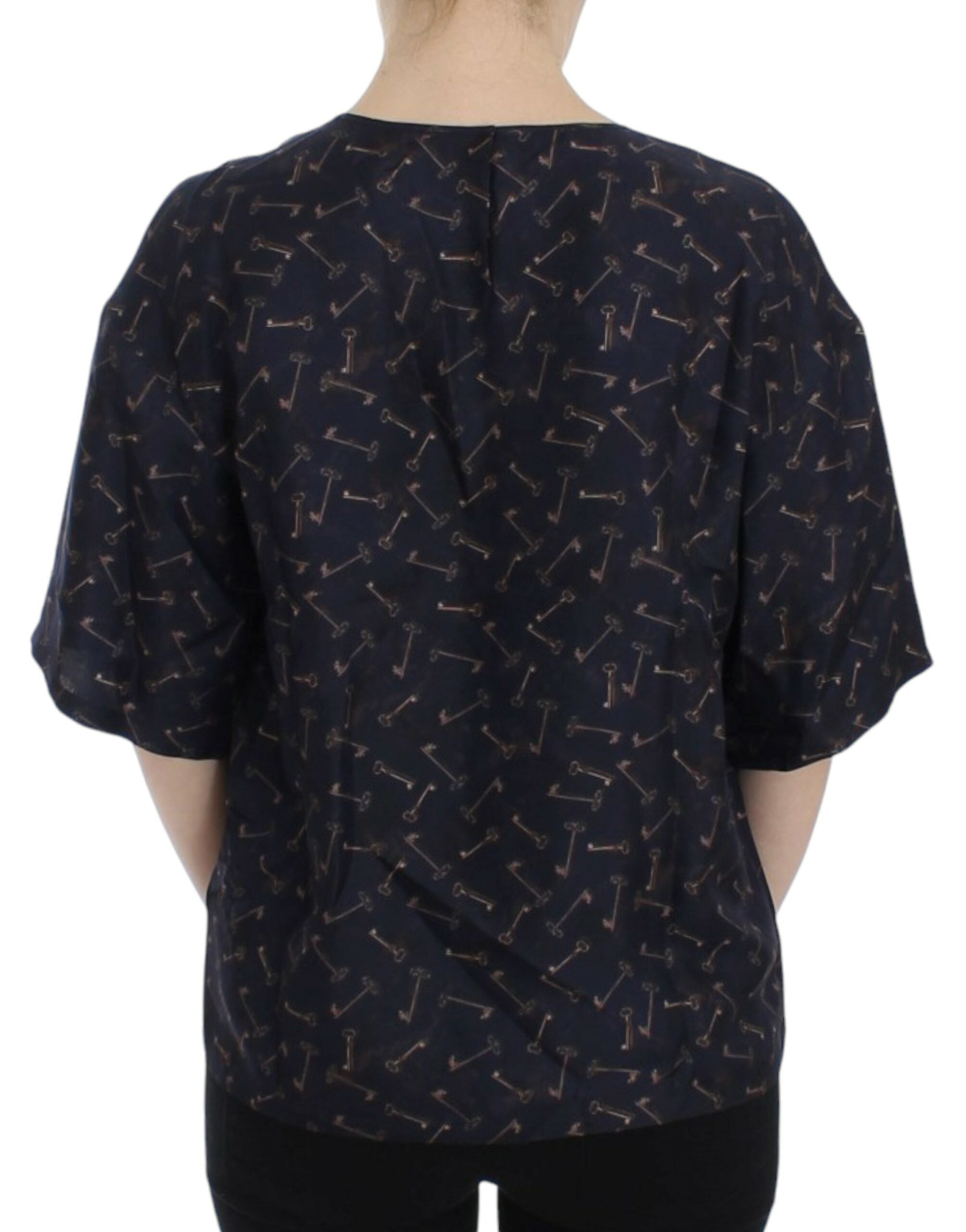 Blusa de seda azul y dorada con estampado de llaves de Dolce & Gabbana-3