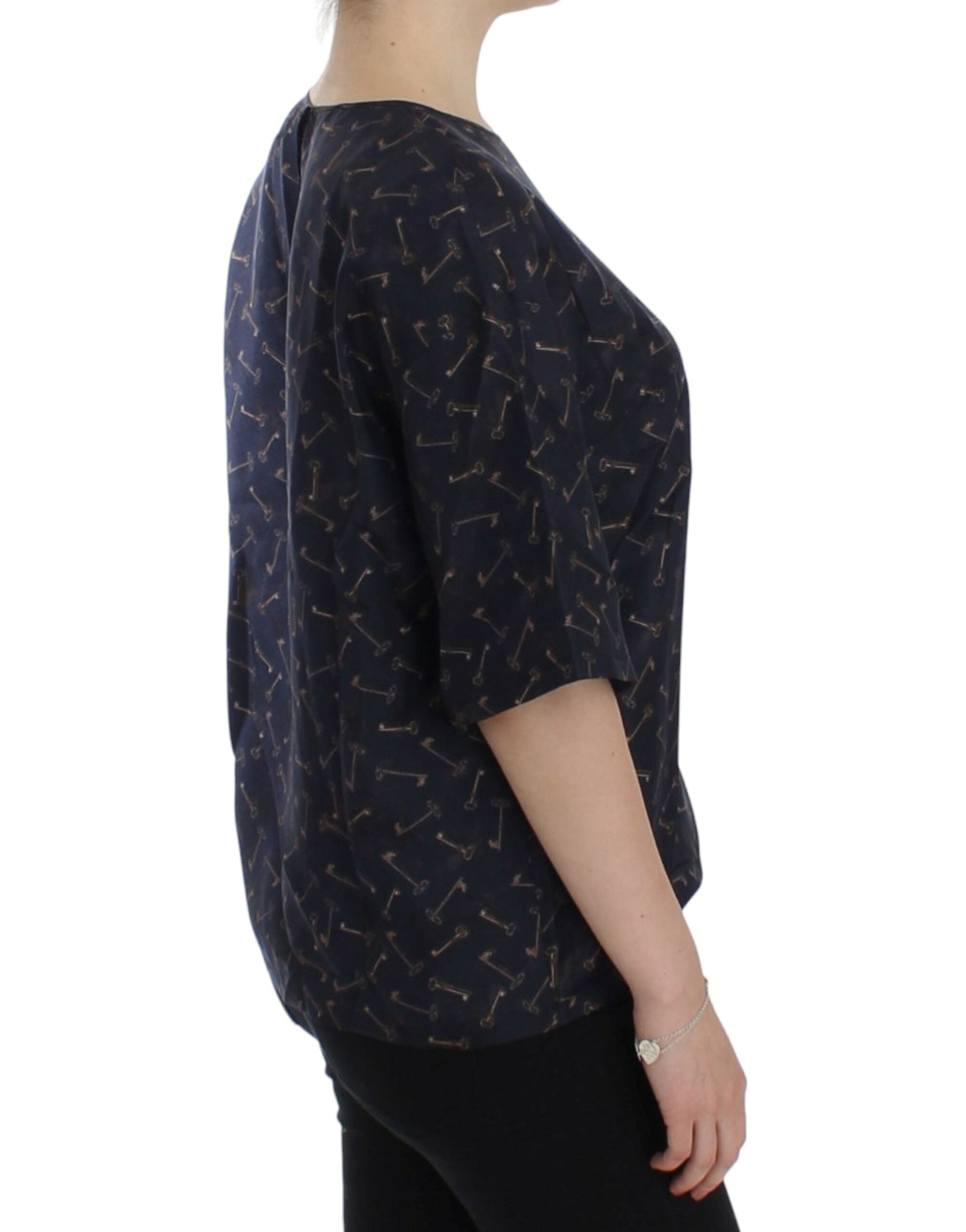 Blusa de seda azul y dorada con estampado de llaves de Dolce & Gabbana-4
