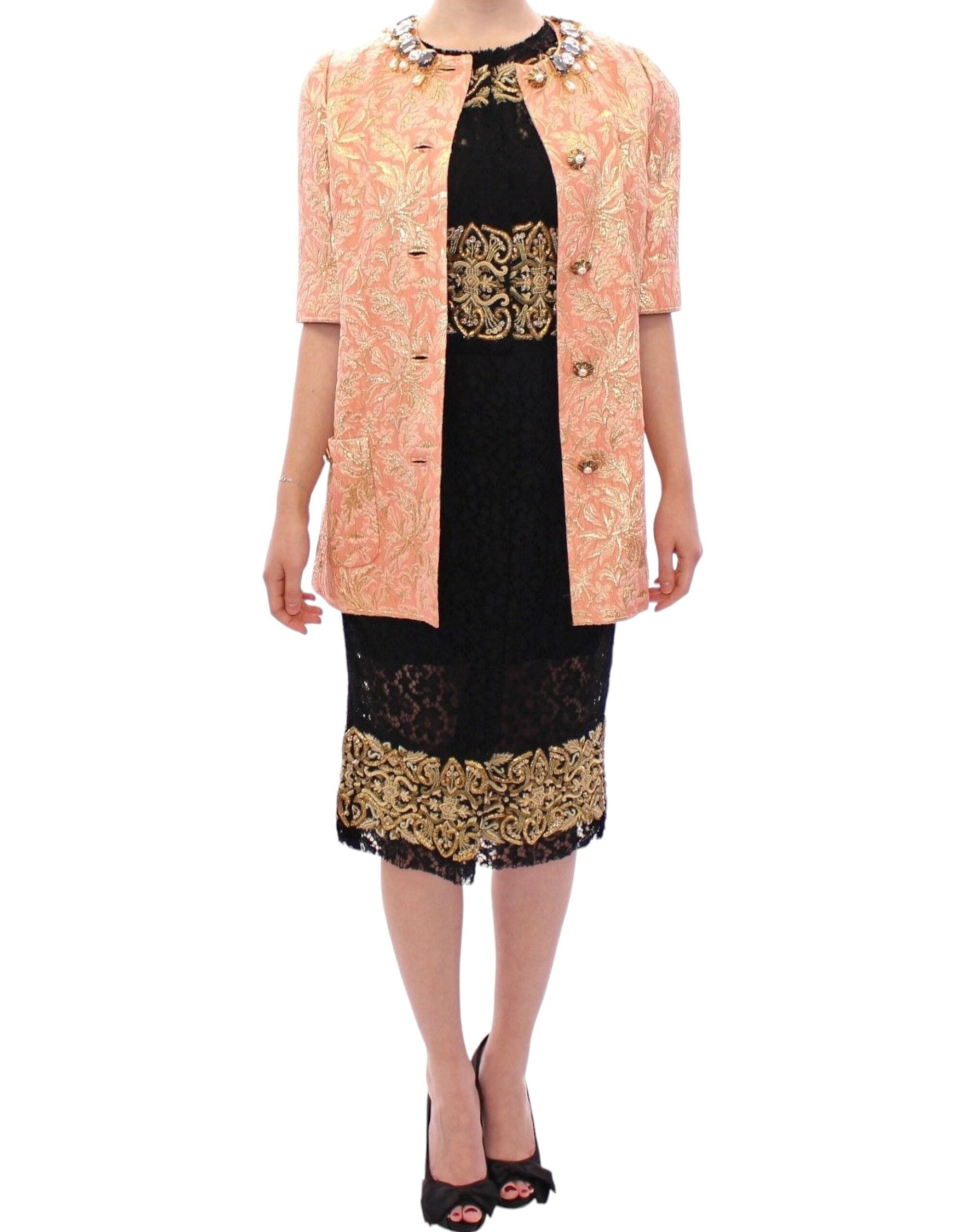 Dolce & Gabbana Pink Silk Brocade Crystal Jacket Coat-2