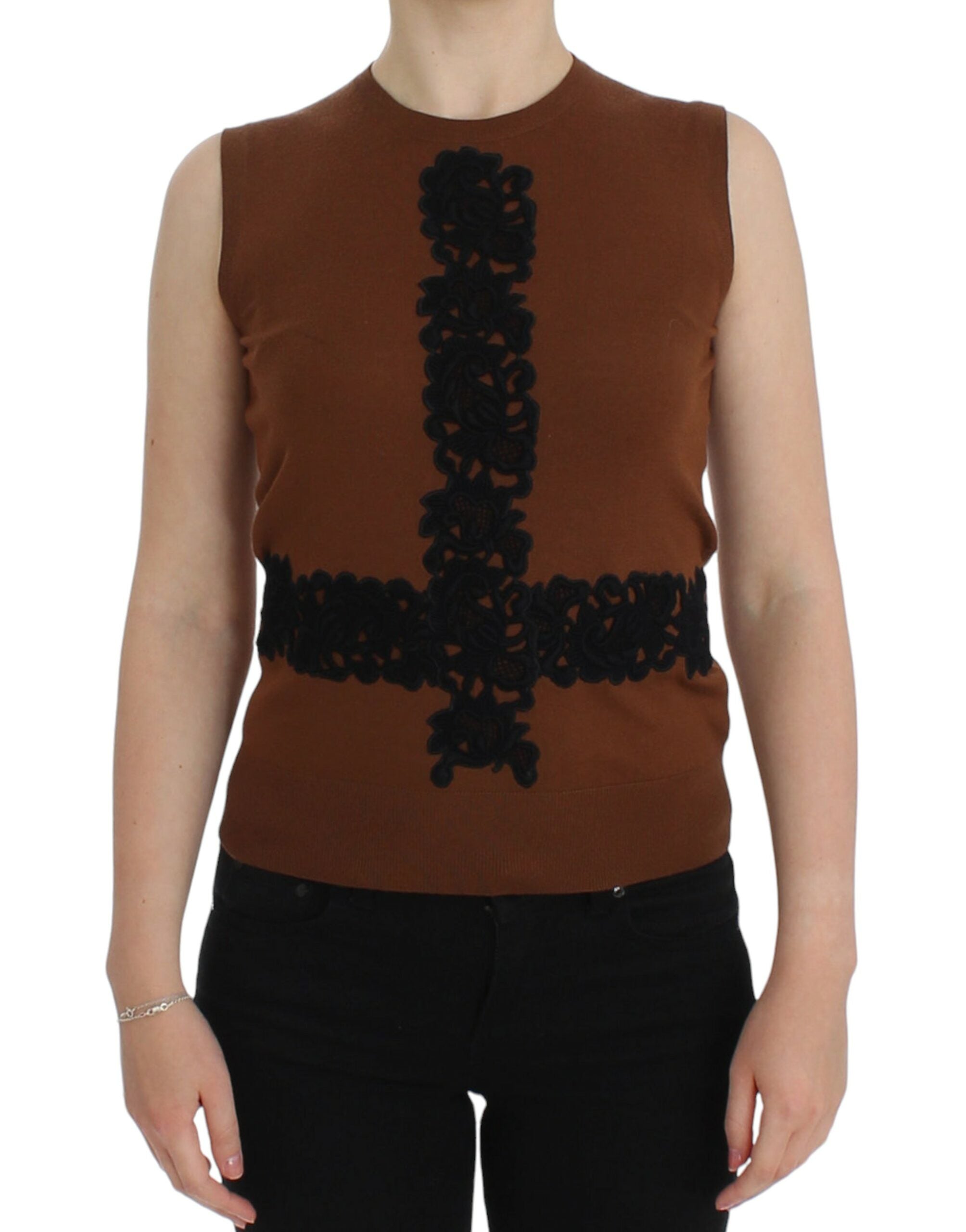 Dolce & Gabbana Brown Wool Black Lace Vest Sweater Top-1