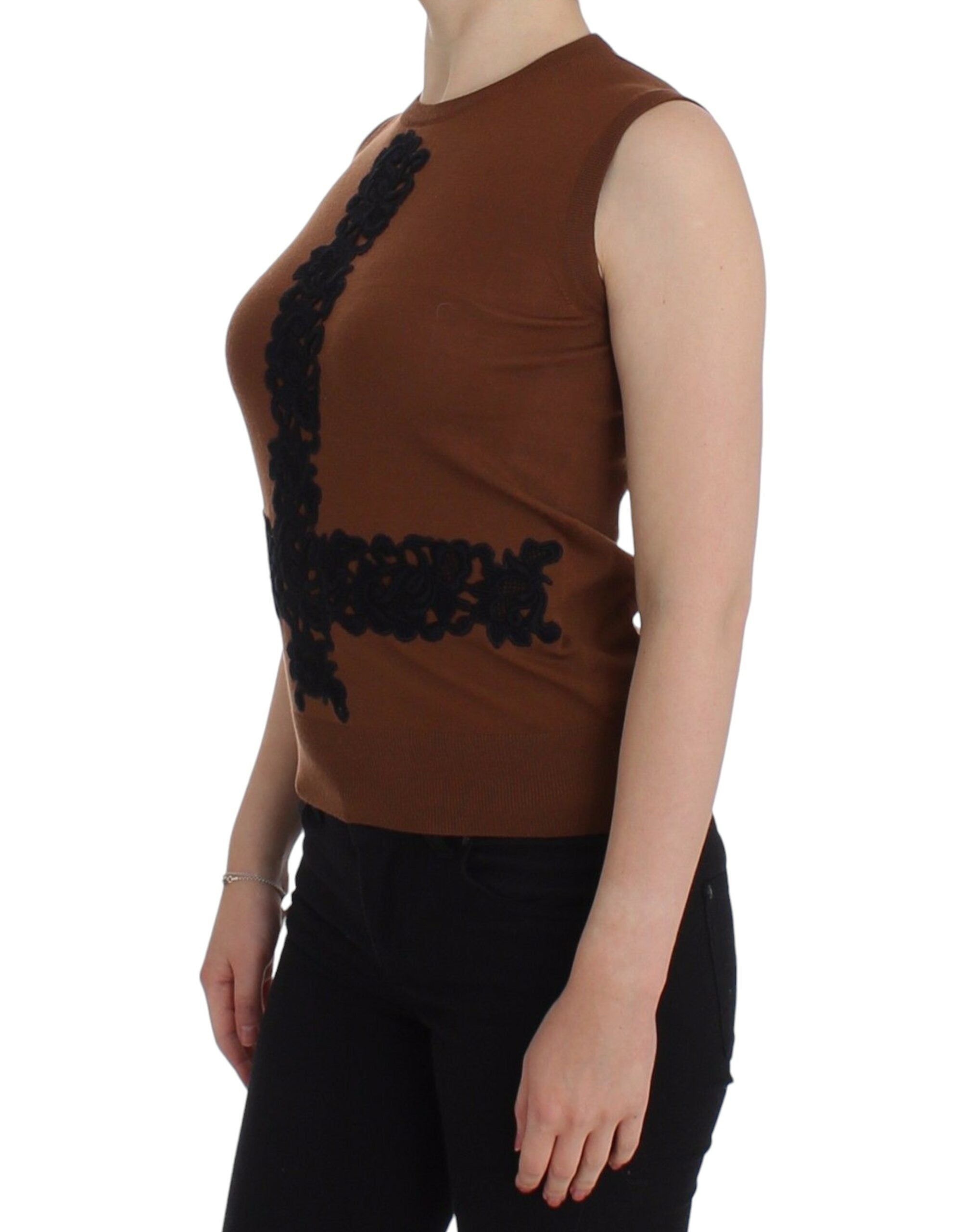Dolce & Gabbana Brown Wool Black Lace Vest Sweater Top-2