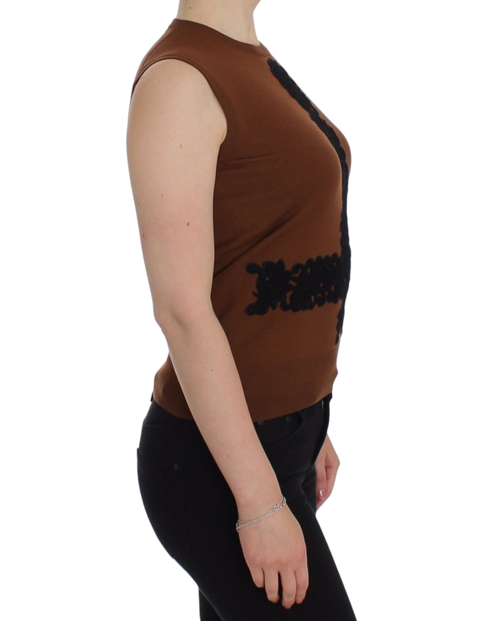 Dolce & Gabbana Brown Wool Black Lace Vest Sweater Top-4