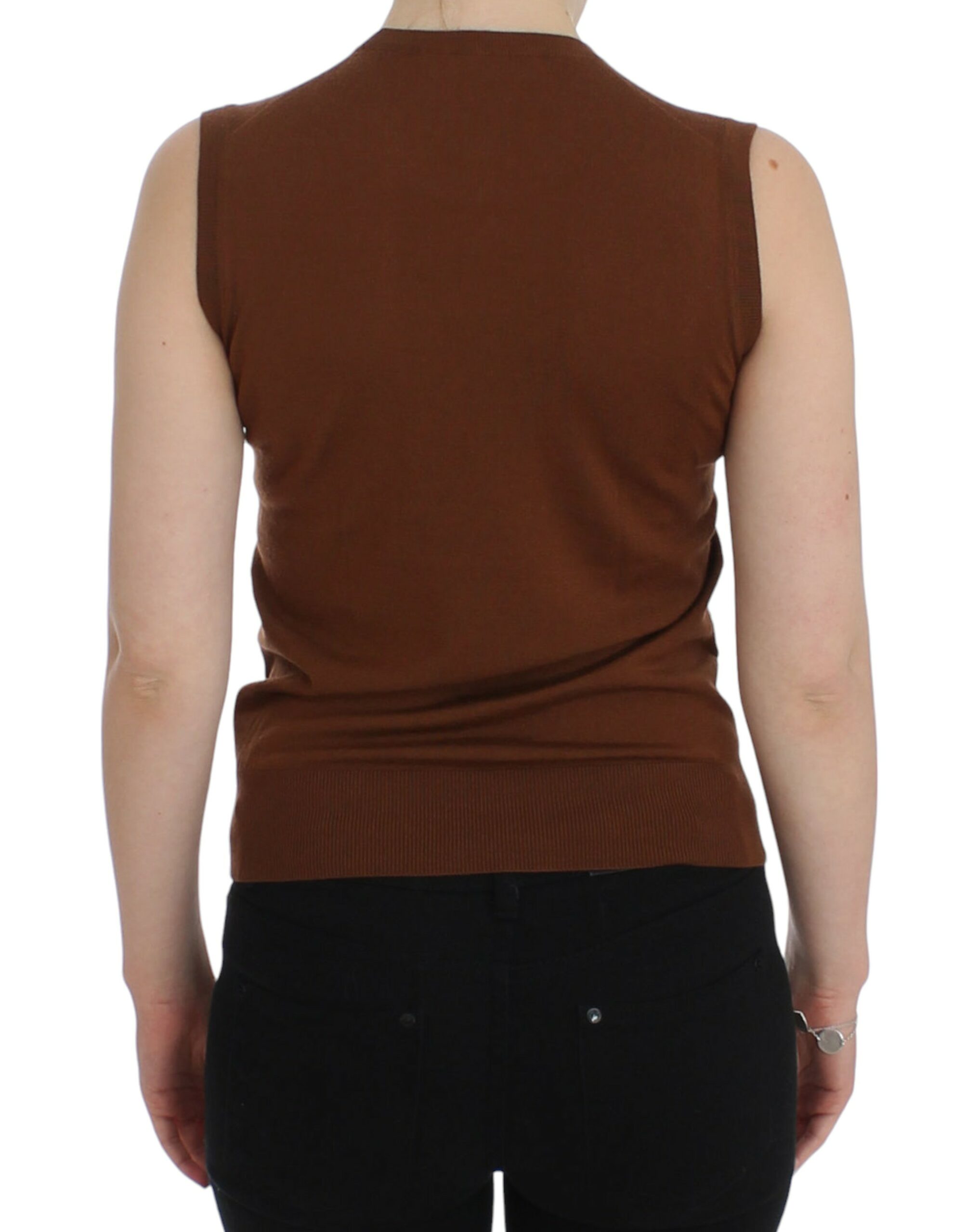 Dolce & Gabbana Brown Wool Black Lace Vest Sweater Top-3